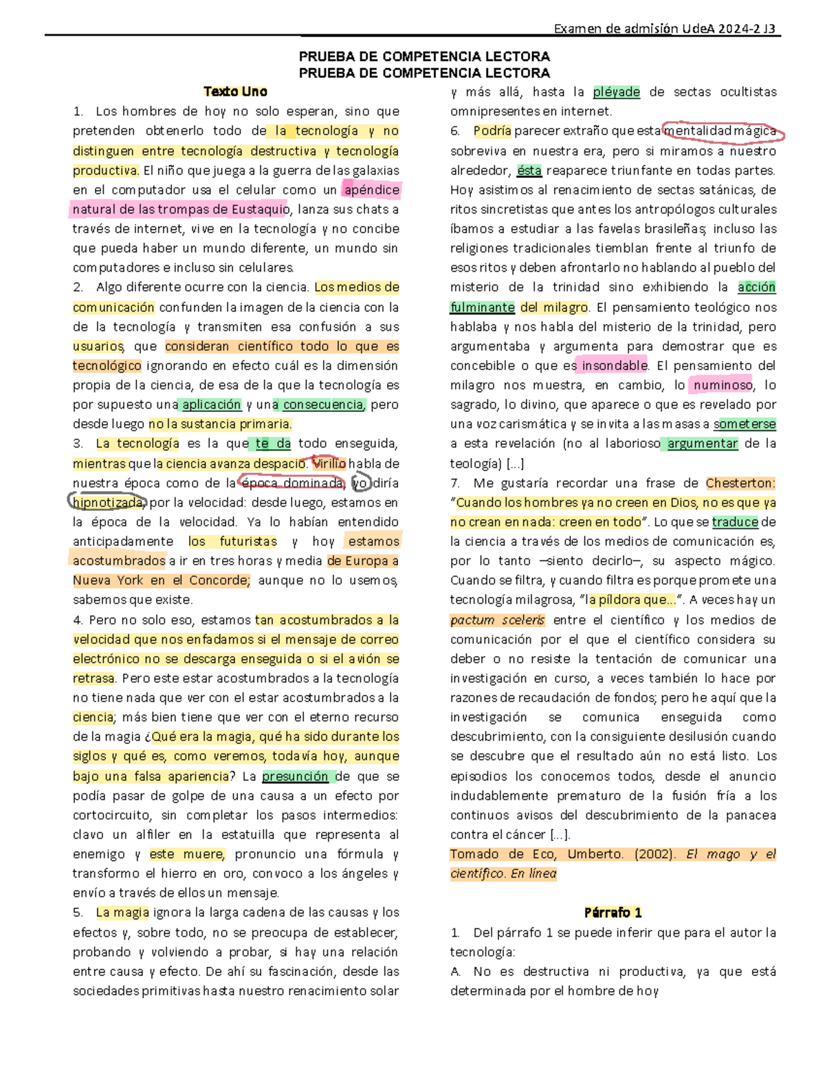 Examen de admisión UdeA J3 - Prueba de Competencia Lectora 2024-2 - Studocu
