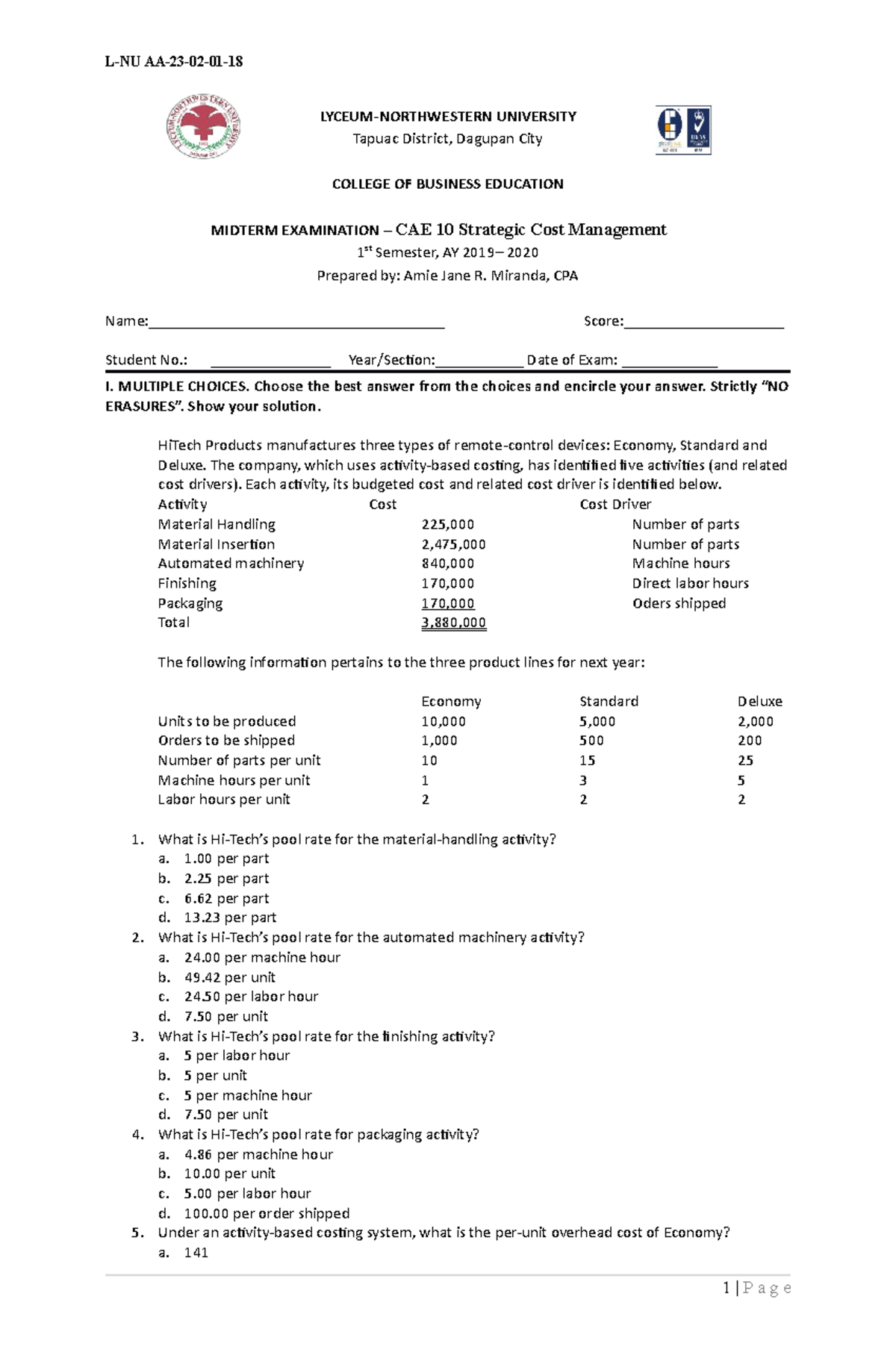 Midterm Exam Review - CAE 10 Strategic Cost Management - Studocu