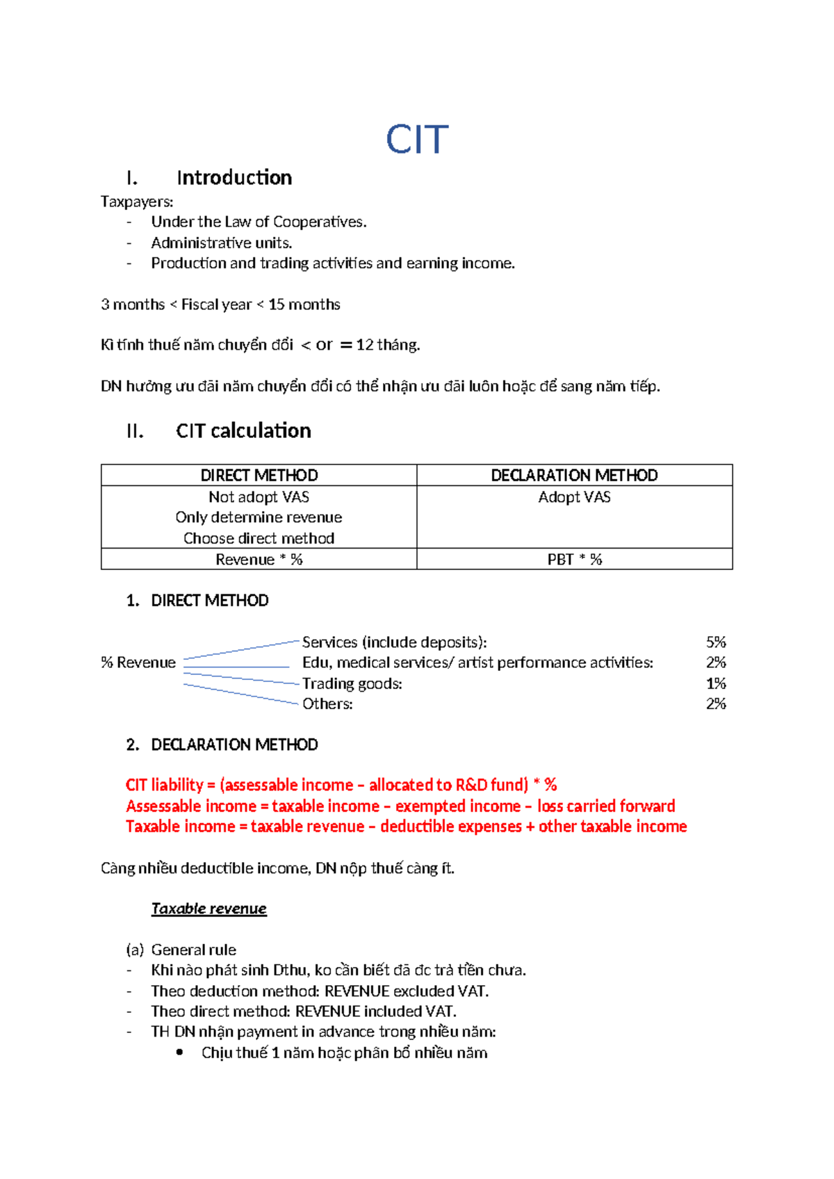 **CIT Tax Calculation Guidelines for Enterprises (Final Exam Notes ...
