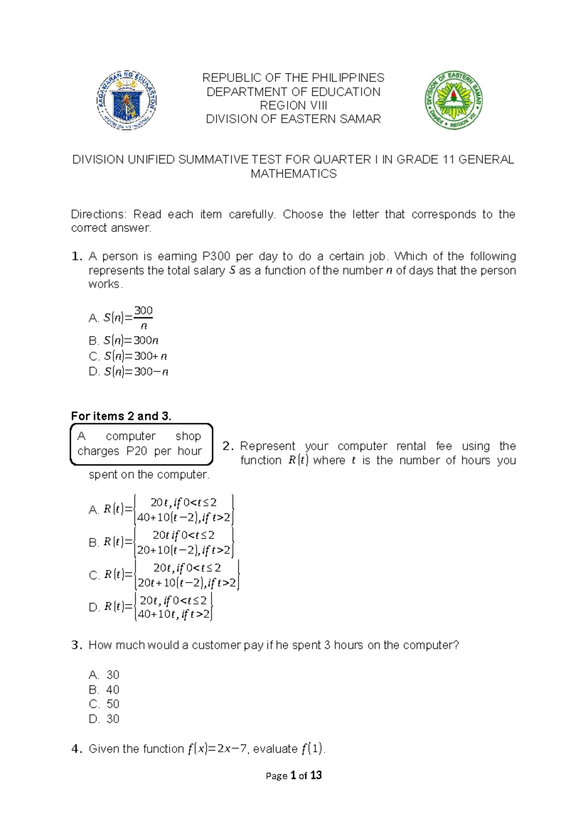 Unified Summative Test Q1: Grade 11 General Mathematics - Studocu
