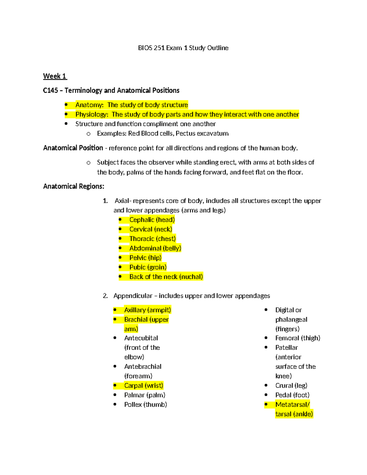 BIOS 251 Exam 1 Study Guide: Week 1 Anatomical Terminology and Systems ...