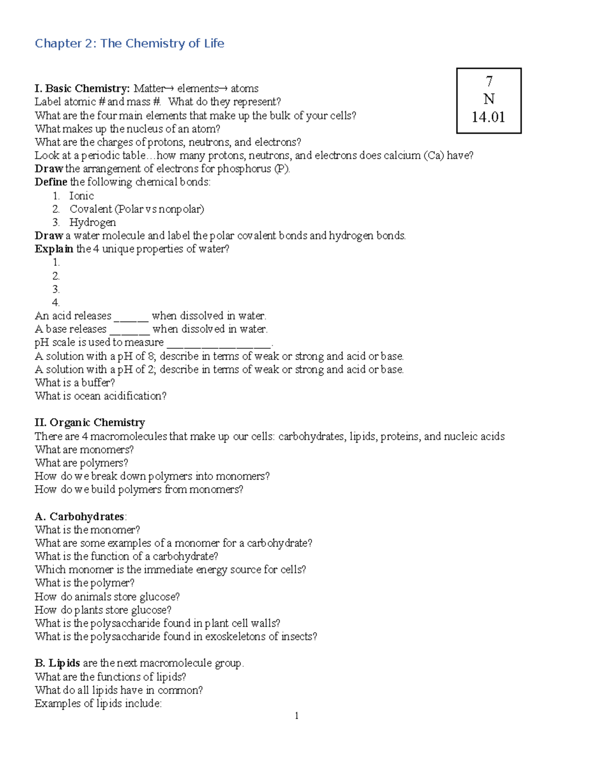 Ch 14.01: Study Guide for Chapter 2 - The Chemistry of Life - Studocu