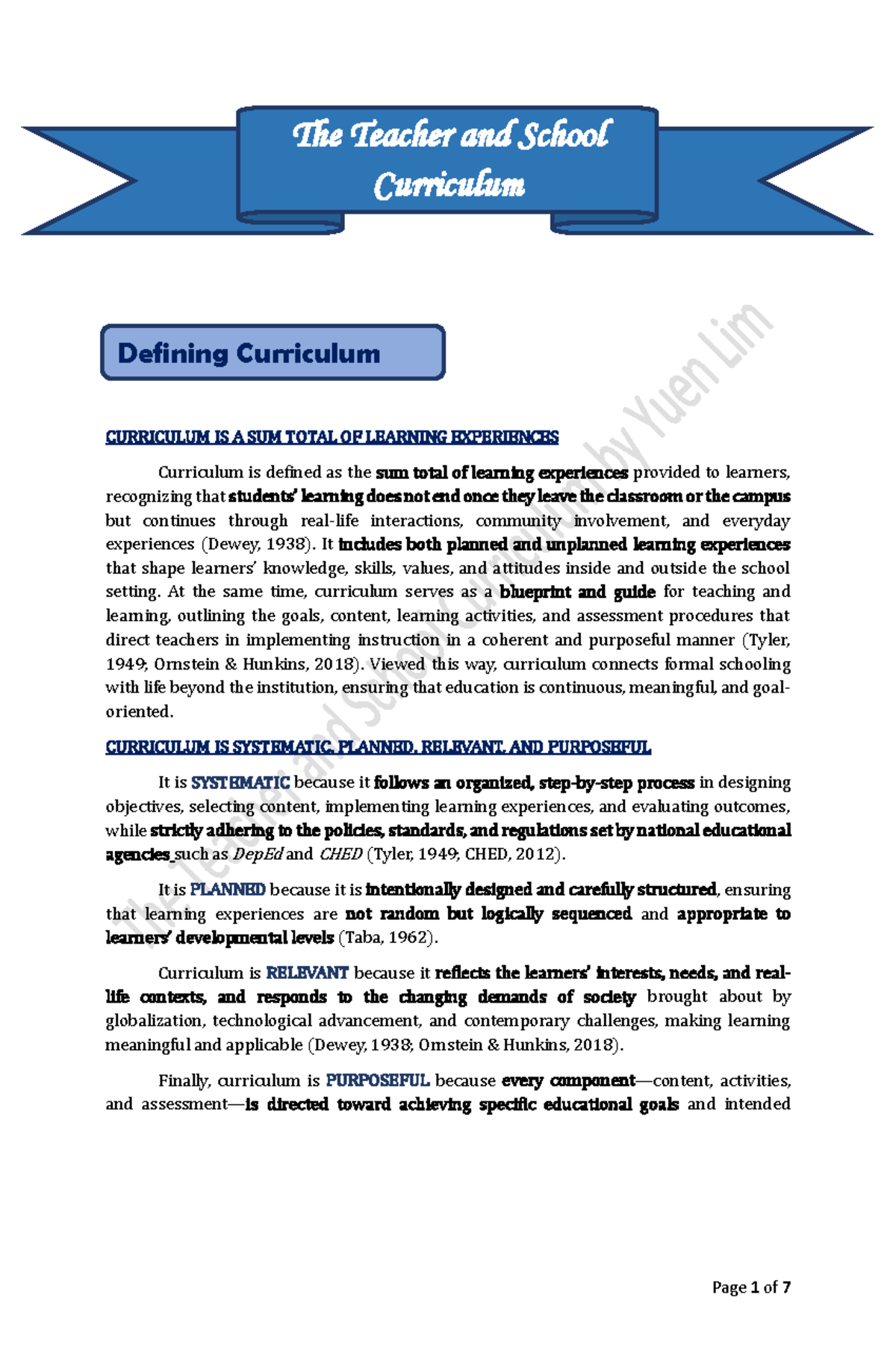Curriculum Ultra Handout: Defining and Understanding Curriculum - Studocu