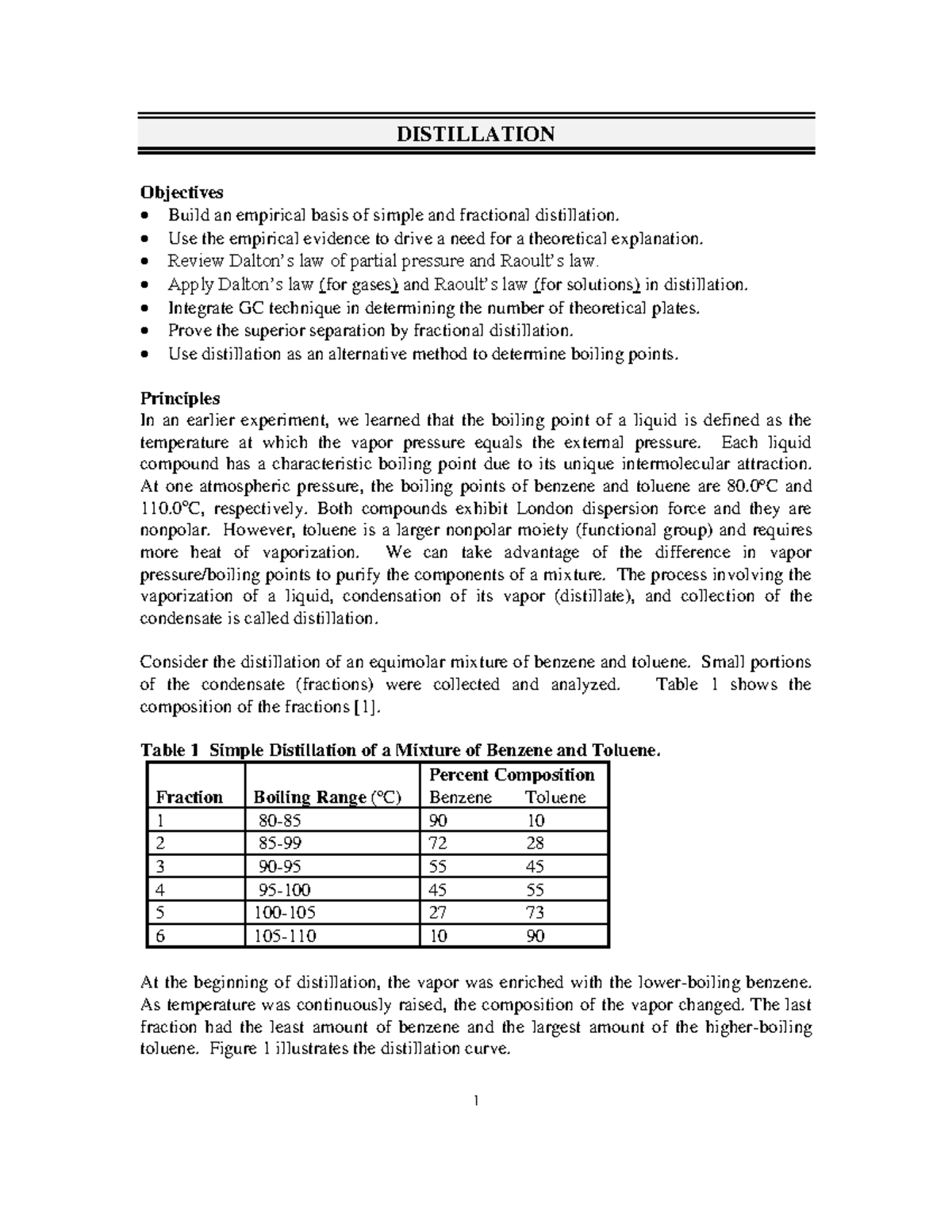 Distillation Lab - Lab - DISTILLATION Objectives Build an empirical ...