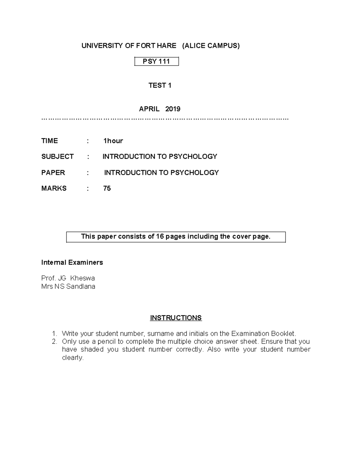 PSY 111 TEST 1 2019 - Introduction to Psychology Exam - Studocu
