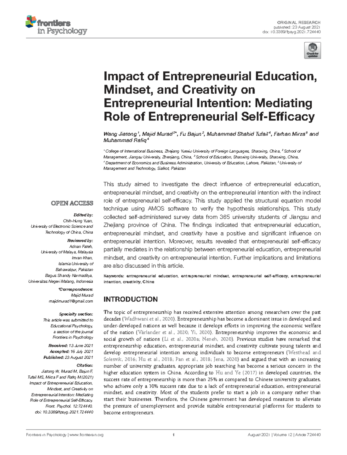 Impact of Entrepreneurial Education on Intention: A Study on Chinese ...