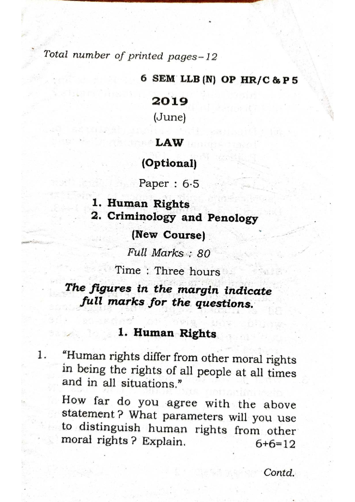 Human Rights and Criminology: 6 SEM LLB (N) OP P5 2019 Exam Paper - Studocu