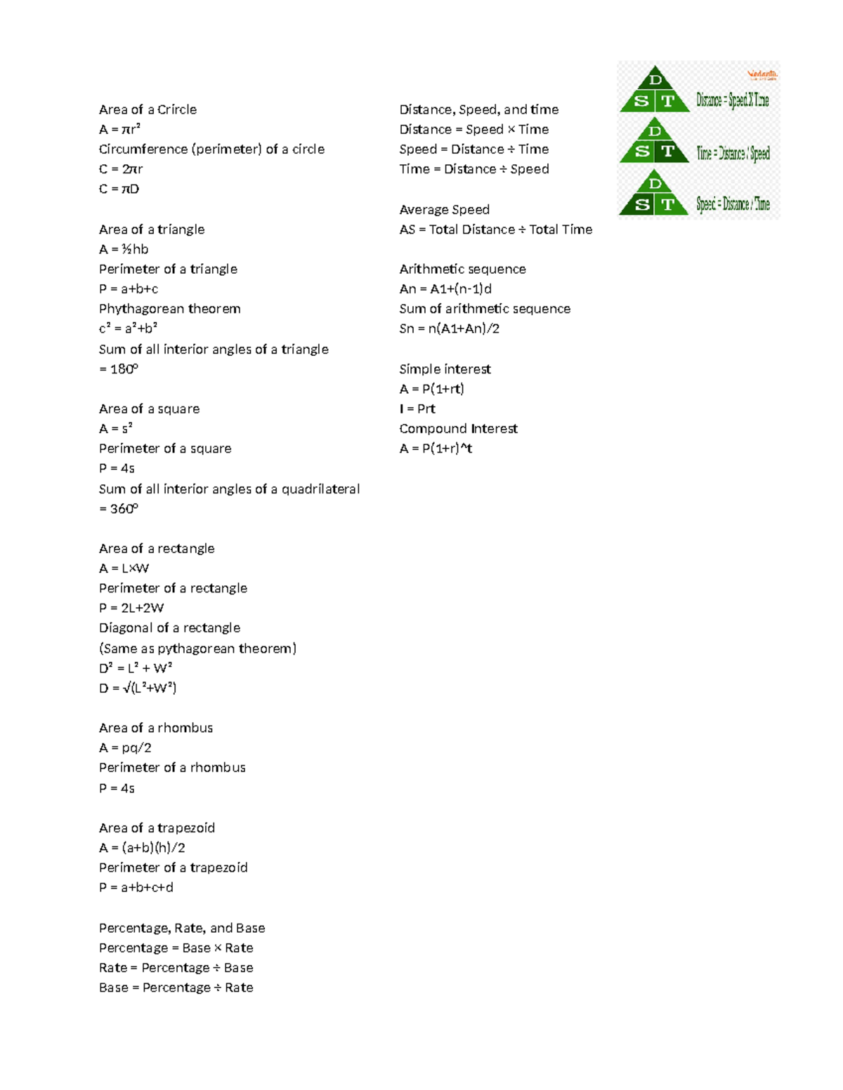 Math Formulas and Concepts - Area & Perimeter Study Guide - Studocu
