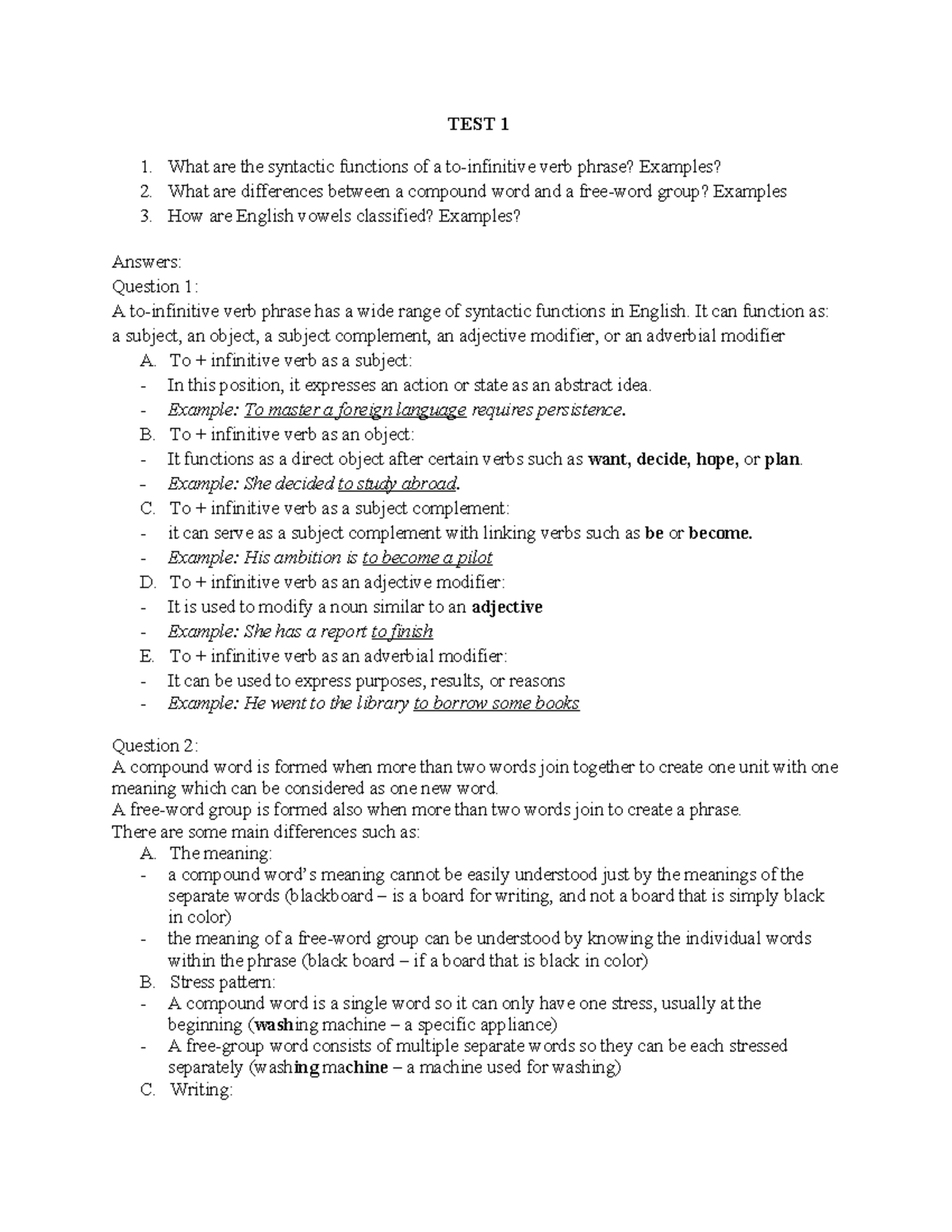 FHDN518 - EN57 Test 1: Verb Phrases, Compound Words & Vowel ...