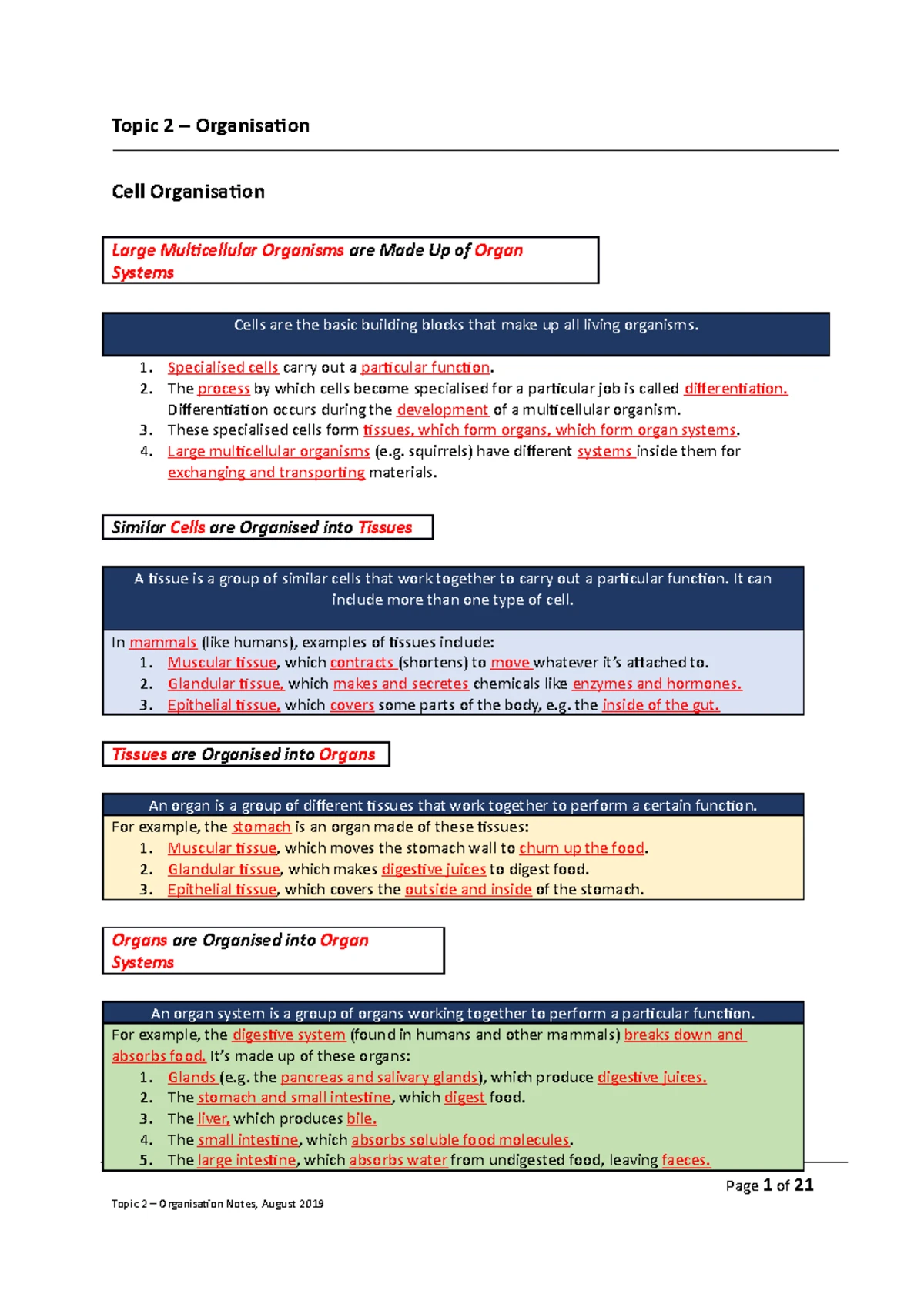 GCSE Biology Revision Notes - B2 - Organisation - Aug 2019 - Topic 2 ...