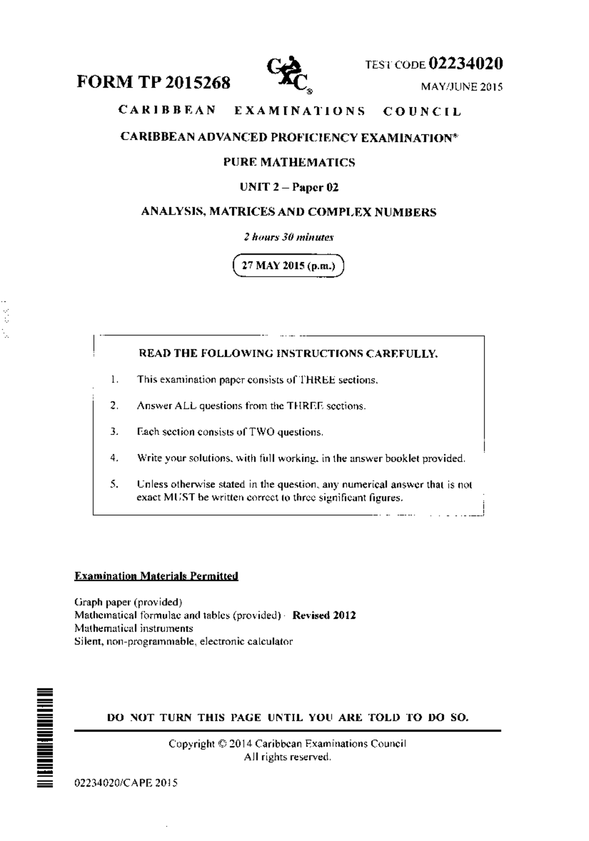June 2015 CAPE Pure Mathematics U2 Paper 2 Exam Questions and Solutions ...