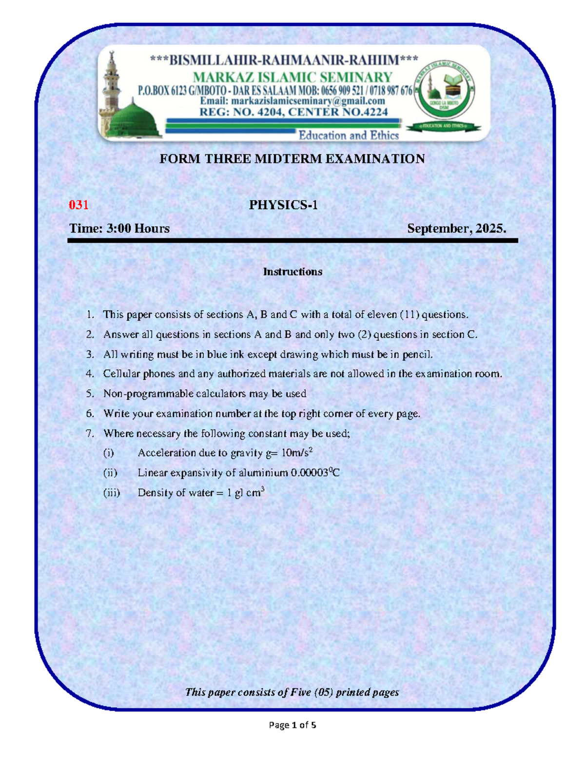 FORM THREE PHYSICS MIDTERM EXAM 031 - SEPTEMBER 2025 - Studocu