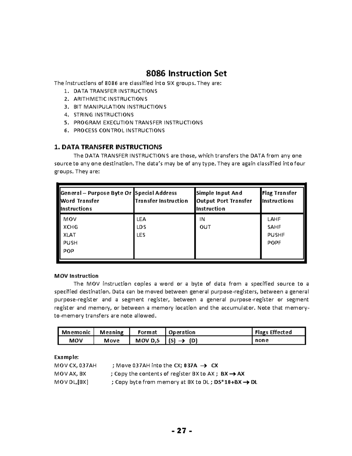 8086 Instruction Set Overview and Details Guide - Studocu