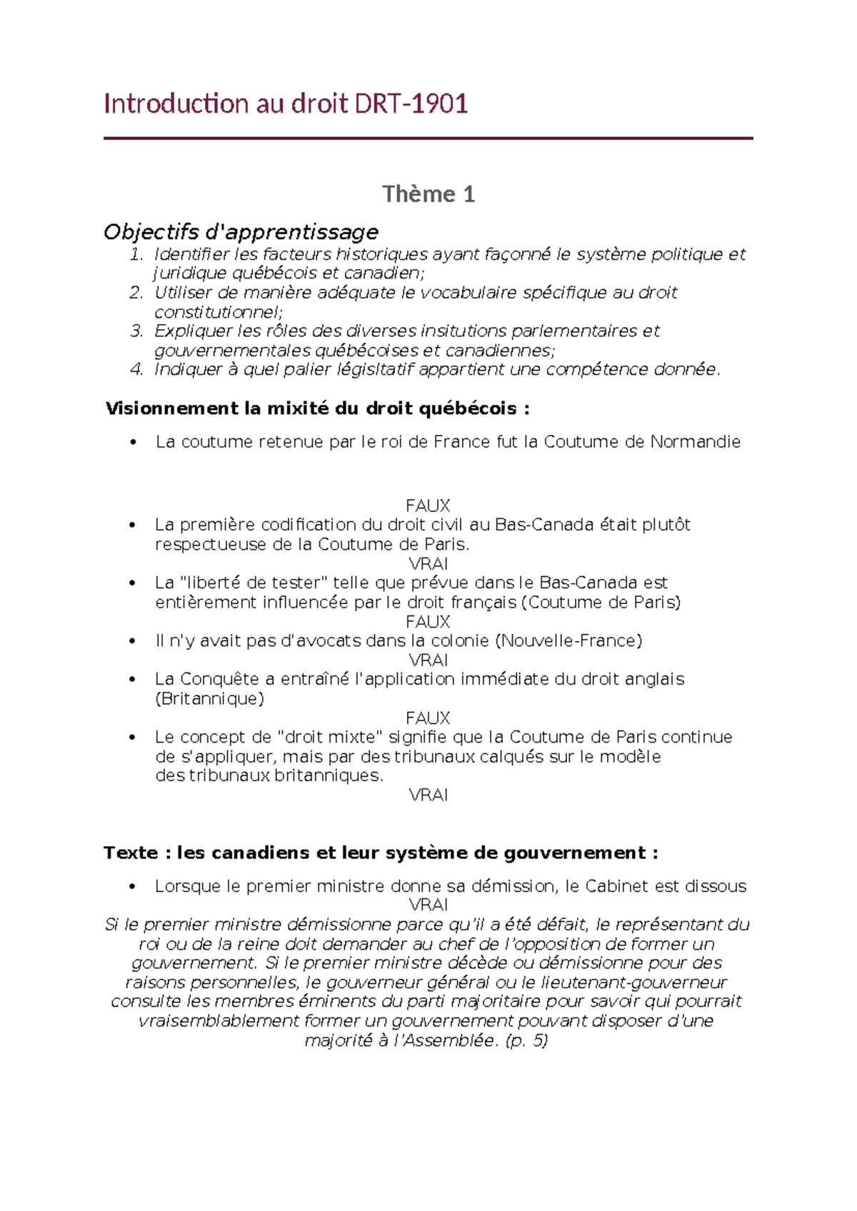 Notes de Thème 1 en DRT - Introduction au Droit et Système Politique ...