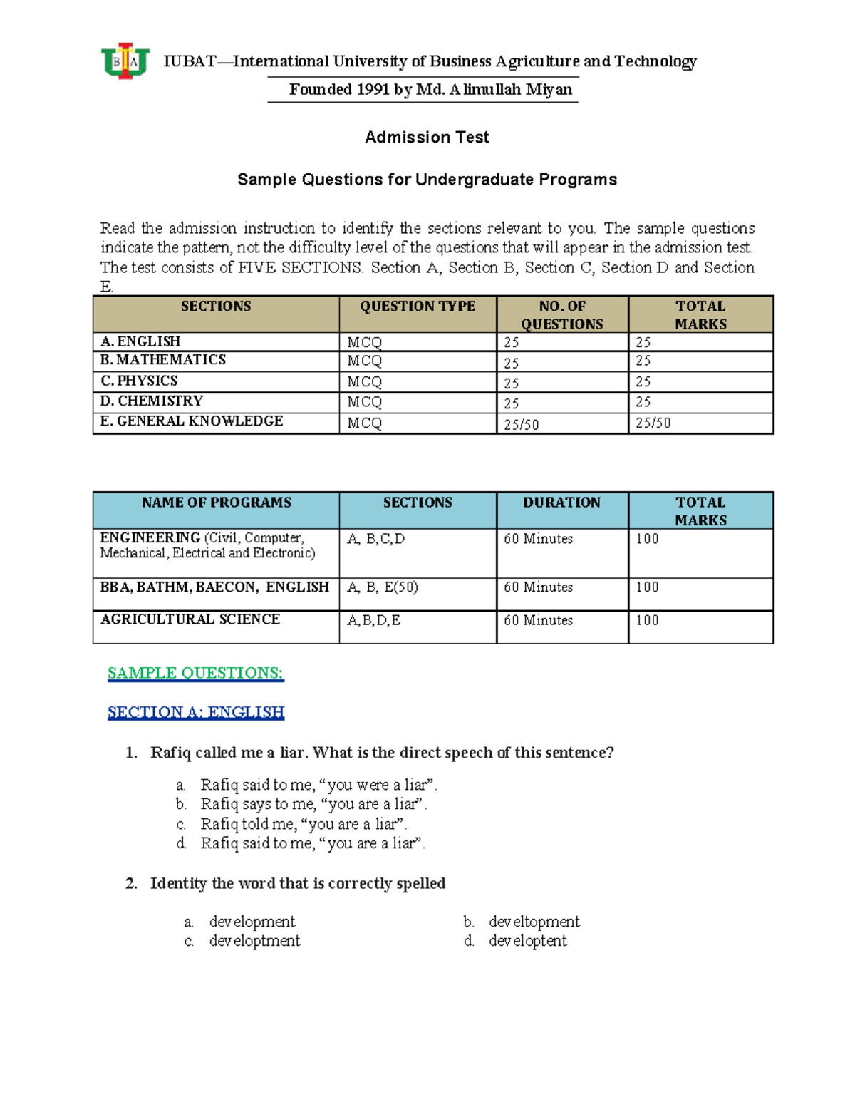 Sample Admission Test Questions for UG Programs - UBAT 1991 - Studocu