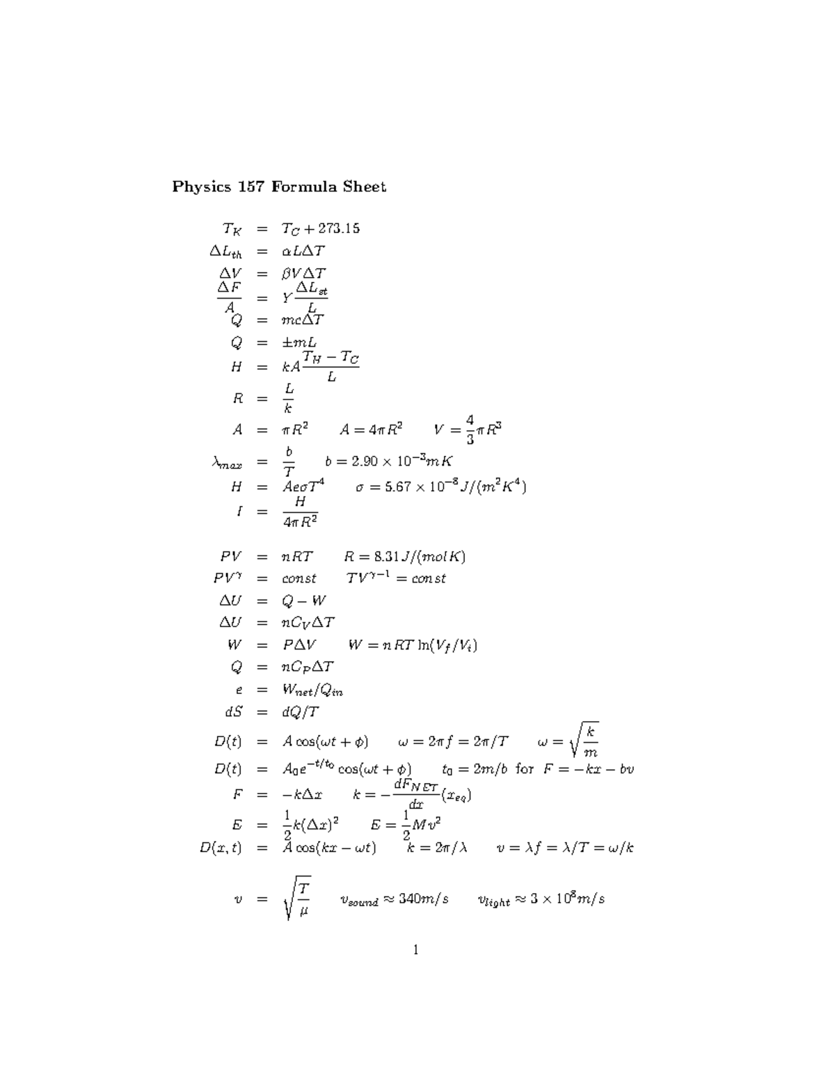 Formula Sheet - PHYS 157 - UBC - Studocu
