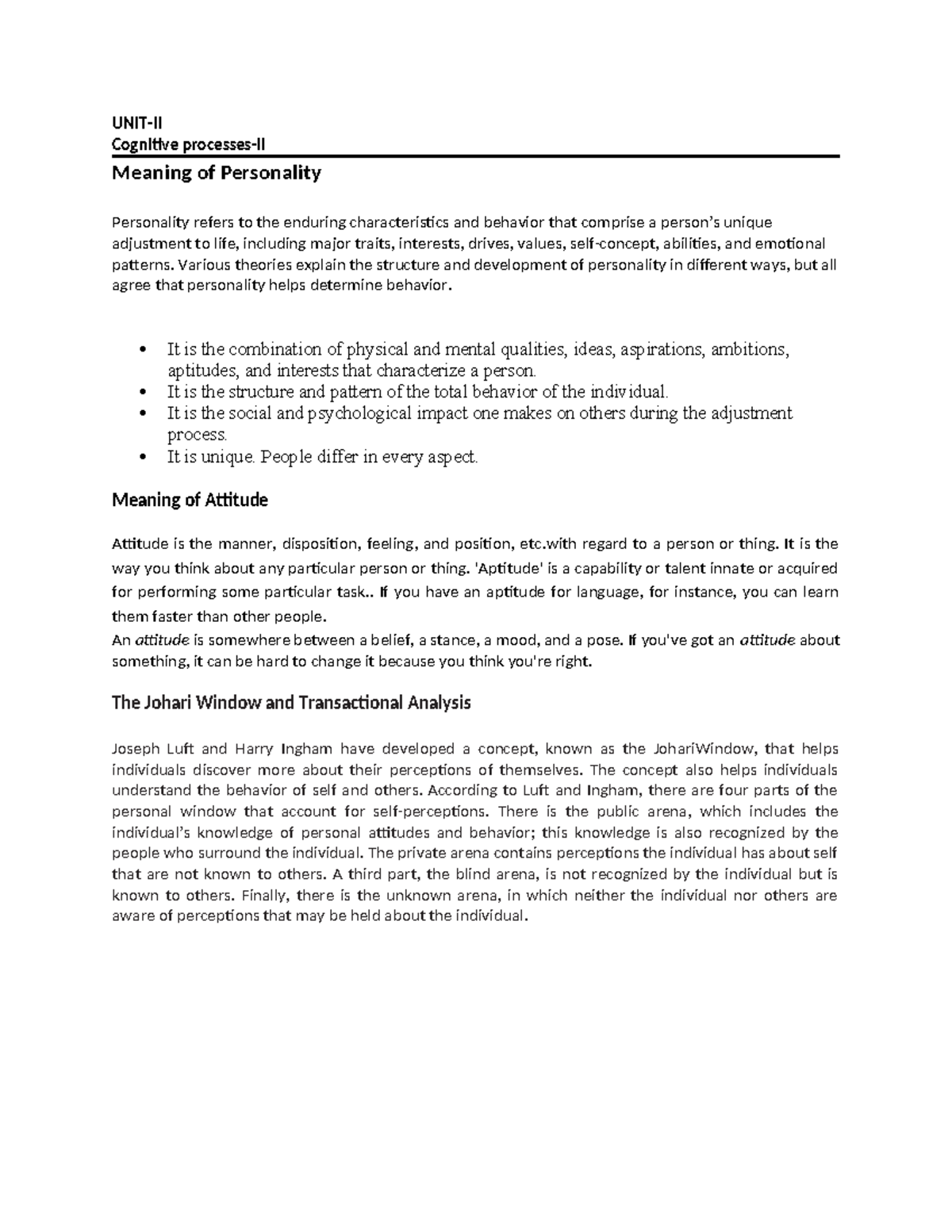 OB UNIT-II: Understanding Personality, Attitudes, and Motivation - Studocu