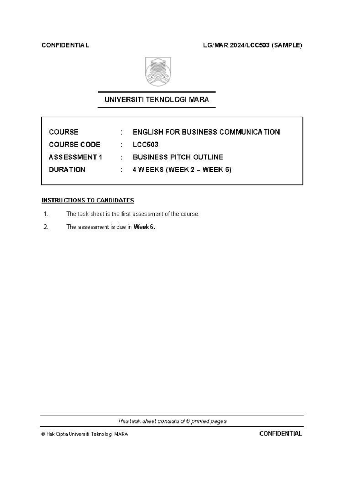 LCC503 Sample Business Pitch Outline - English for Business ...