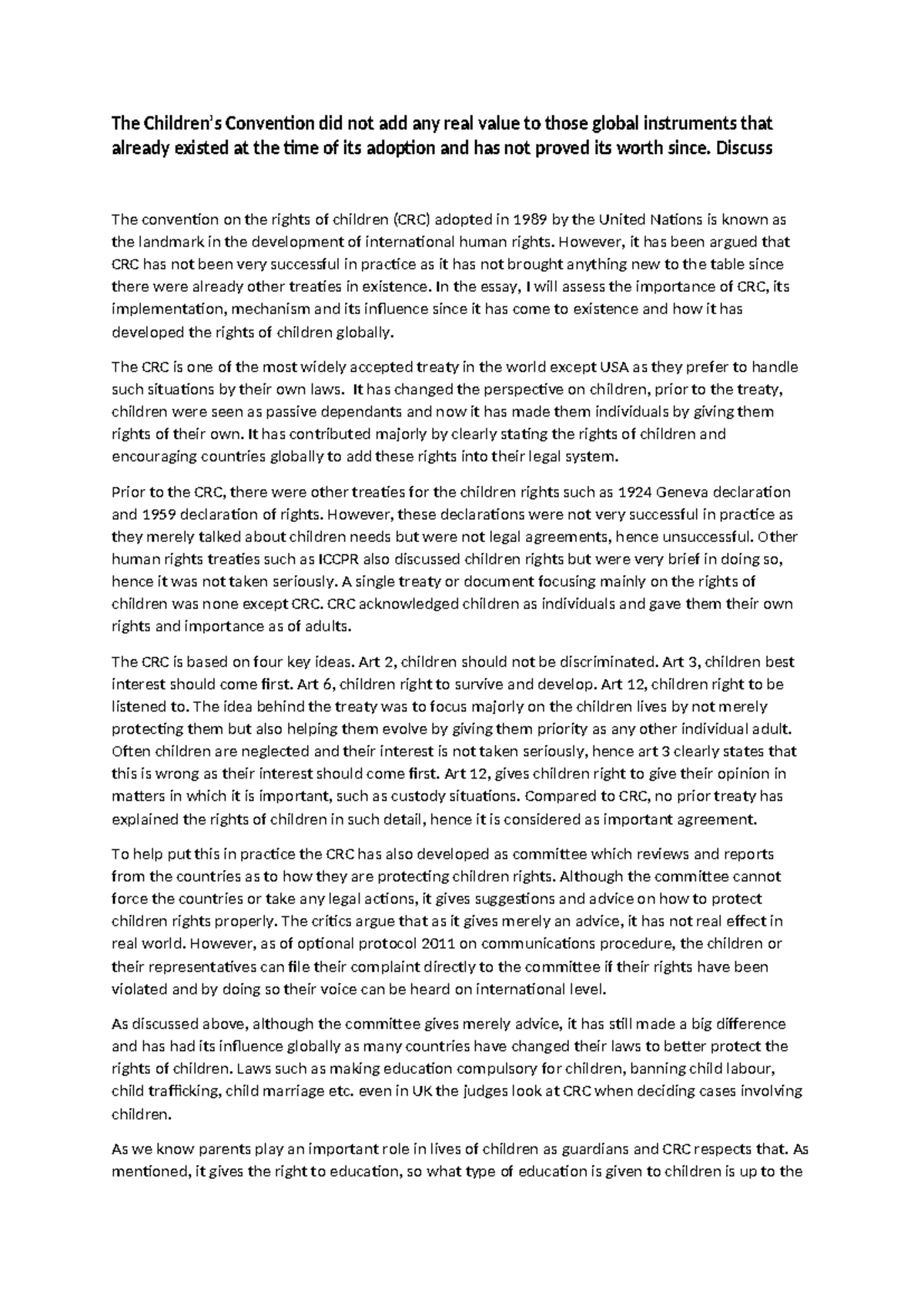 The Impact of the CRC on Global Children's Rights: An Analysis - Studocu