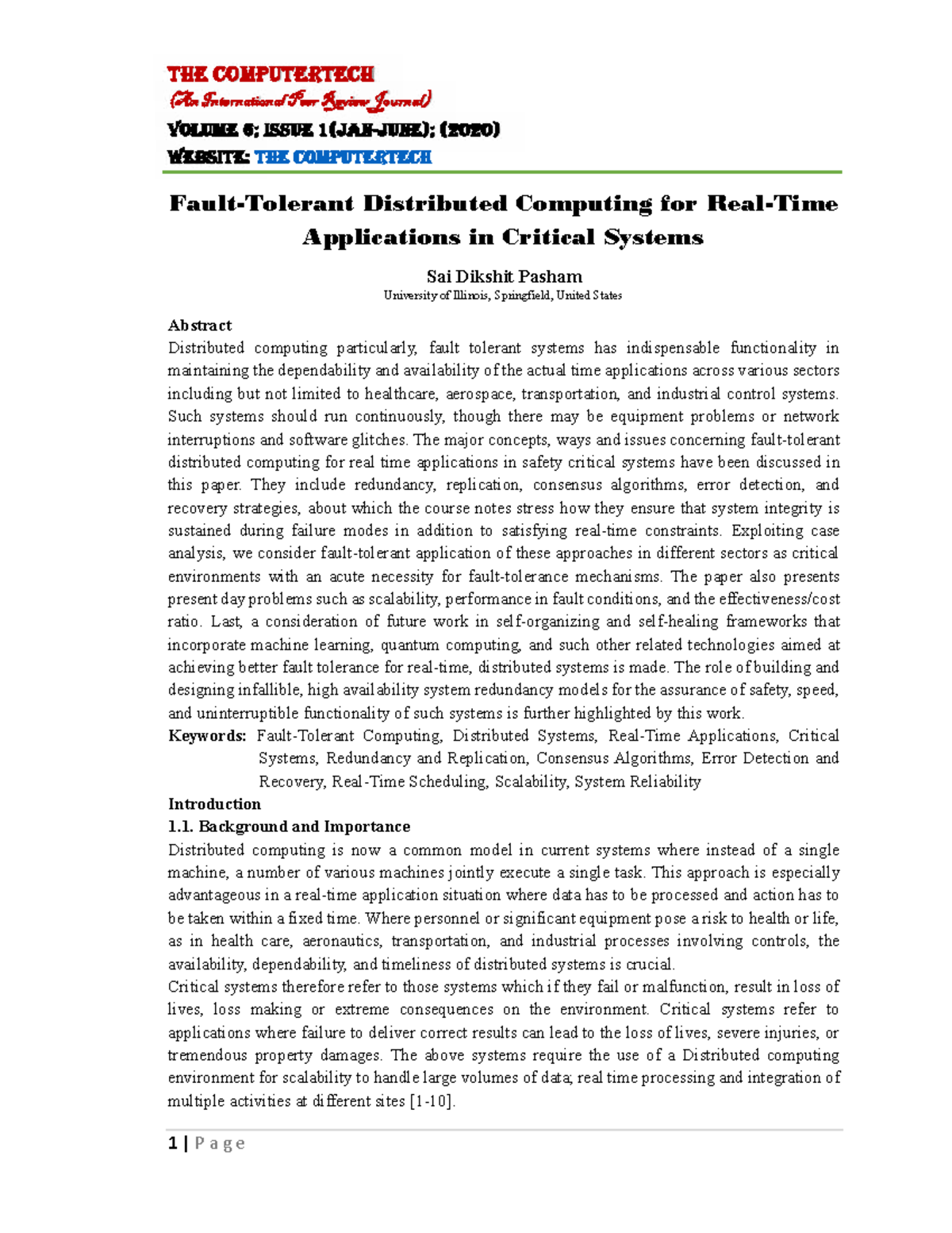 Fault Tolerant Distributed Computing for Critical Systems TCT 2020 ...