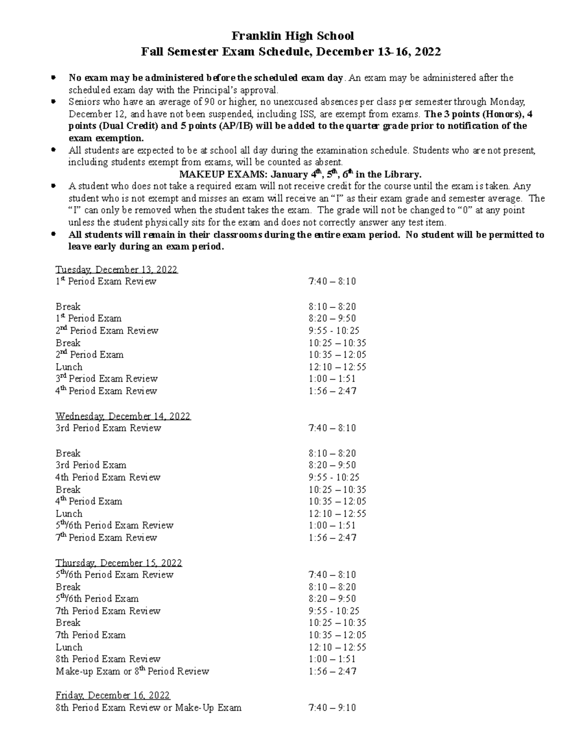FHS Exam Schedule - Fall 2022 - Franklin High School Fall Semester Exam ...