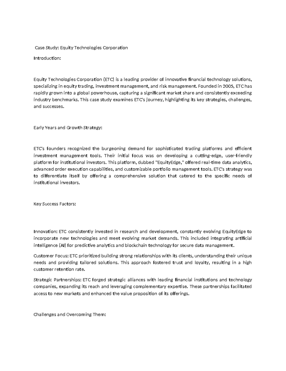 Case Study - RESEARCH - Case Study: Equity Technologies Corporation ...