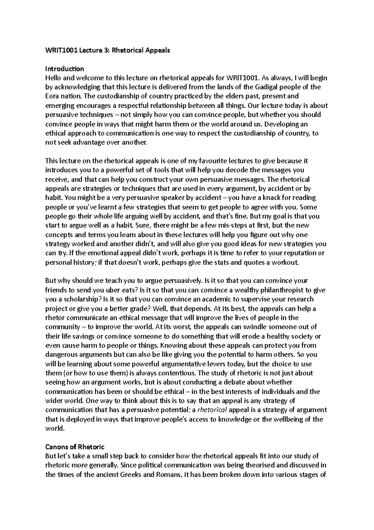 WRIT1001-Lecture 3-Script - WRIT1001 Lecture 3: Rhetorical Appeals ...