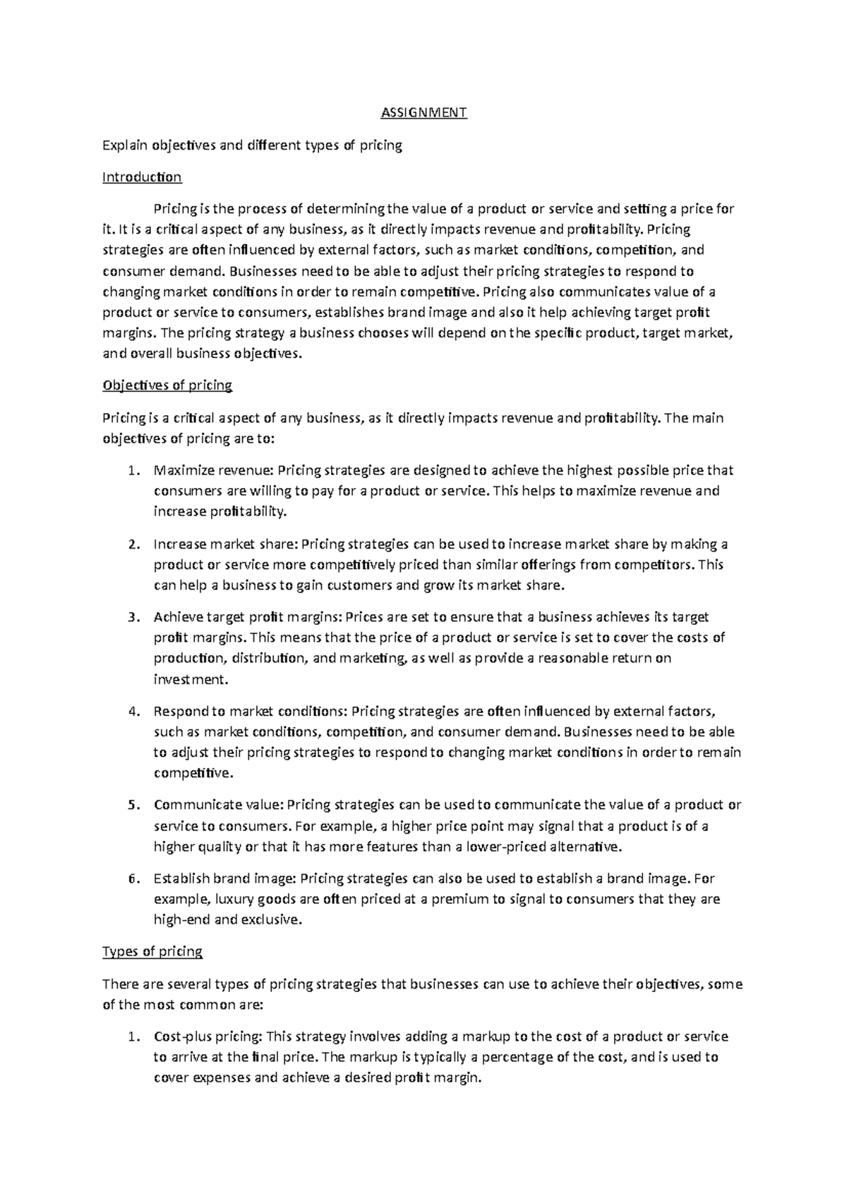 Pricing Strategies and Objectives: An Assignment Overview - Studocu