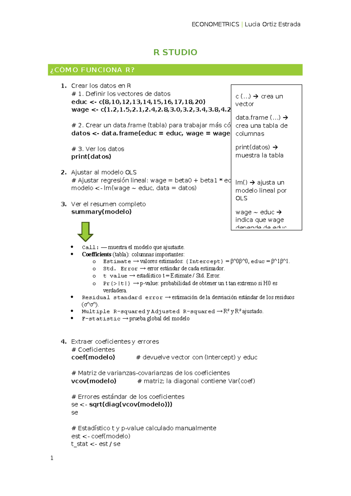 ECONOMETRICS R Studio: OLS Model and Predictions Notes - Studocu