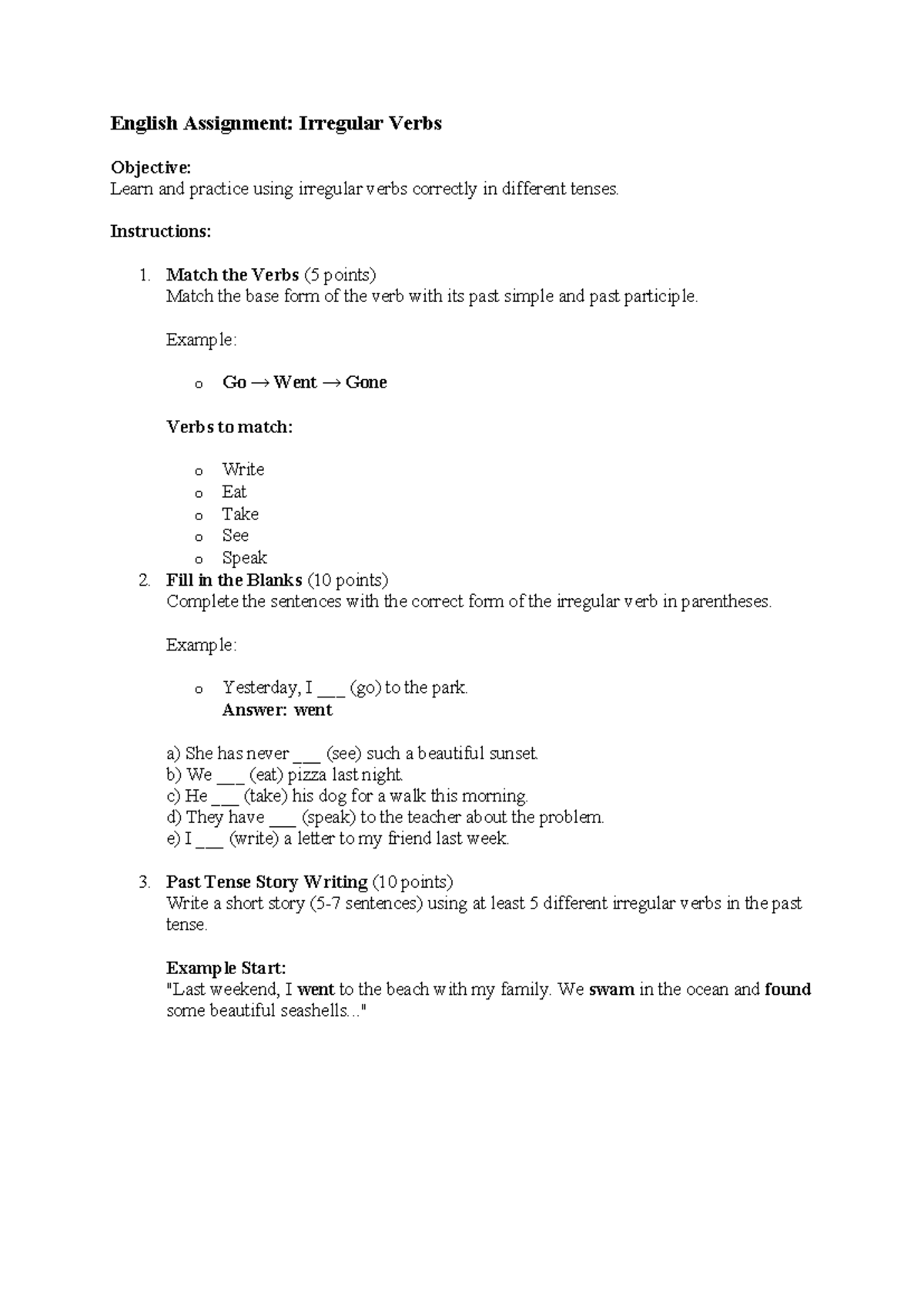 Irregular Verbs Practice Assignment - Oefenopdracht - Studeersnel
