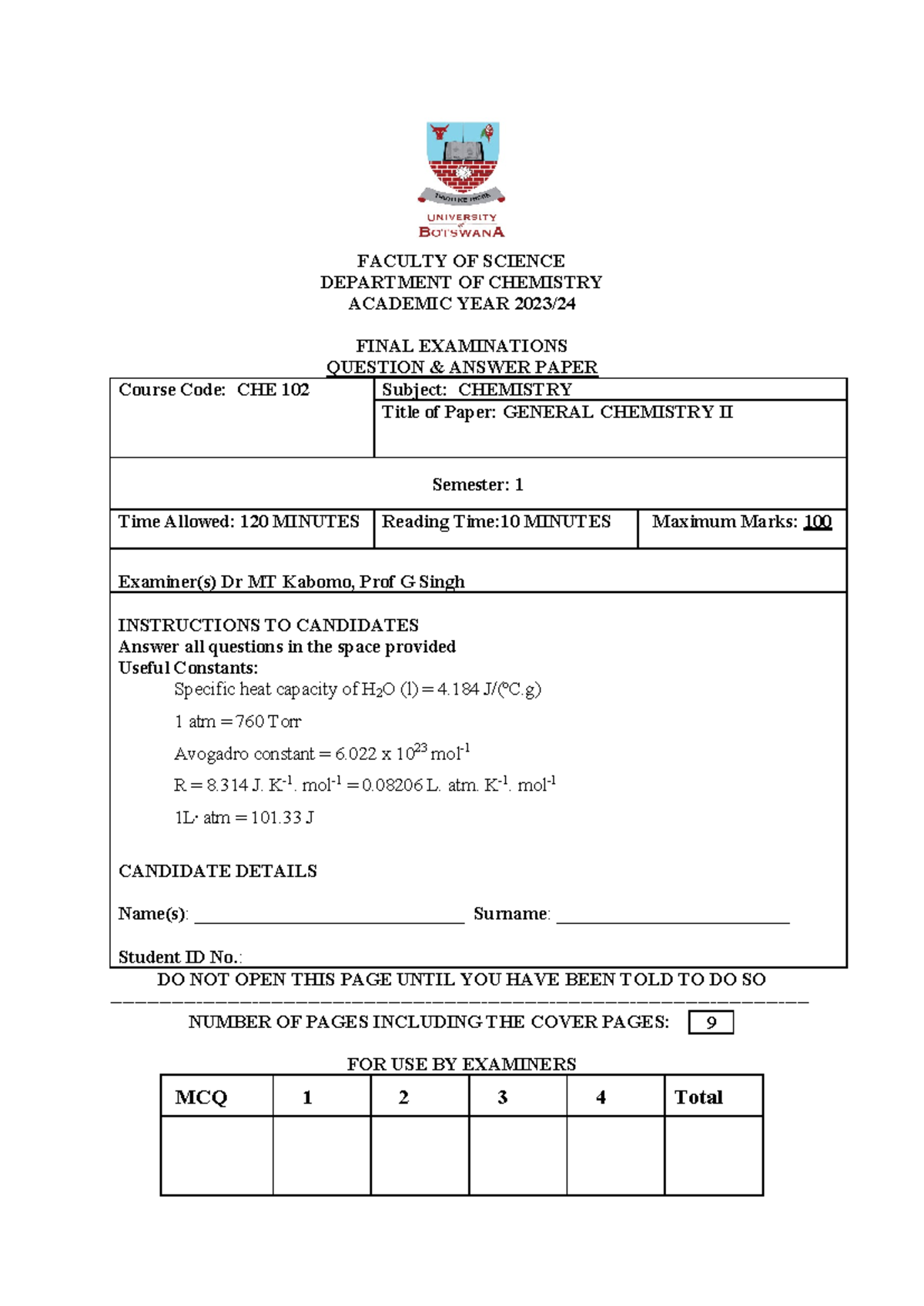 CHE102 Final Exam 2023-24 Semester 1 General Chemistry II - Studocu