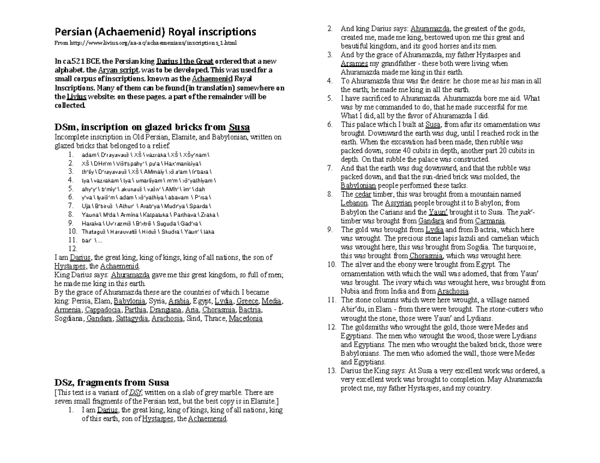 Achaemenid Royal Inscriptions: Darius I's Decrees and Achievements ...