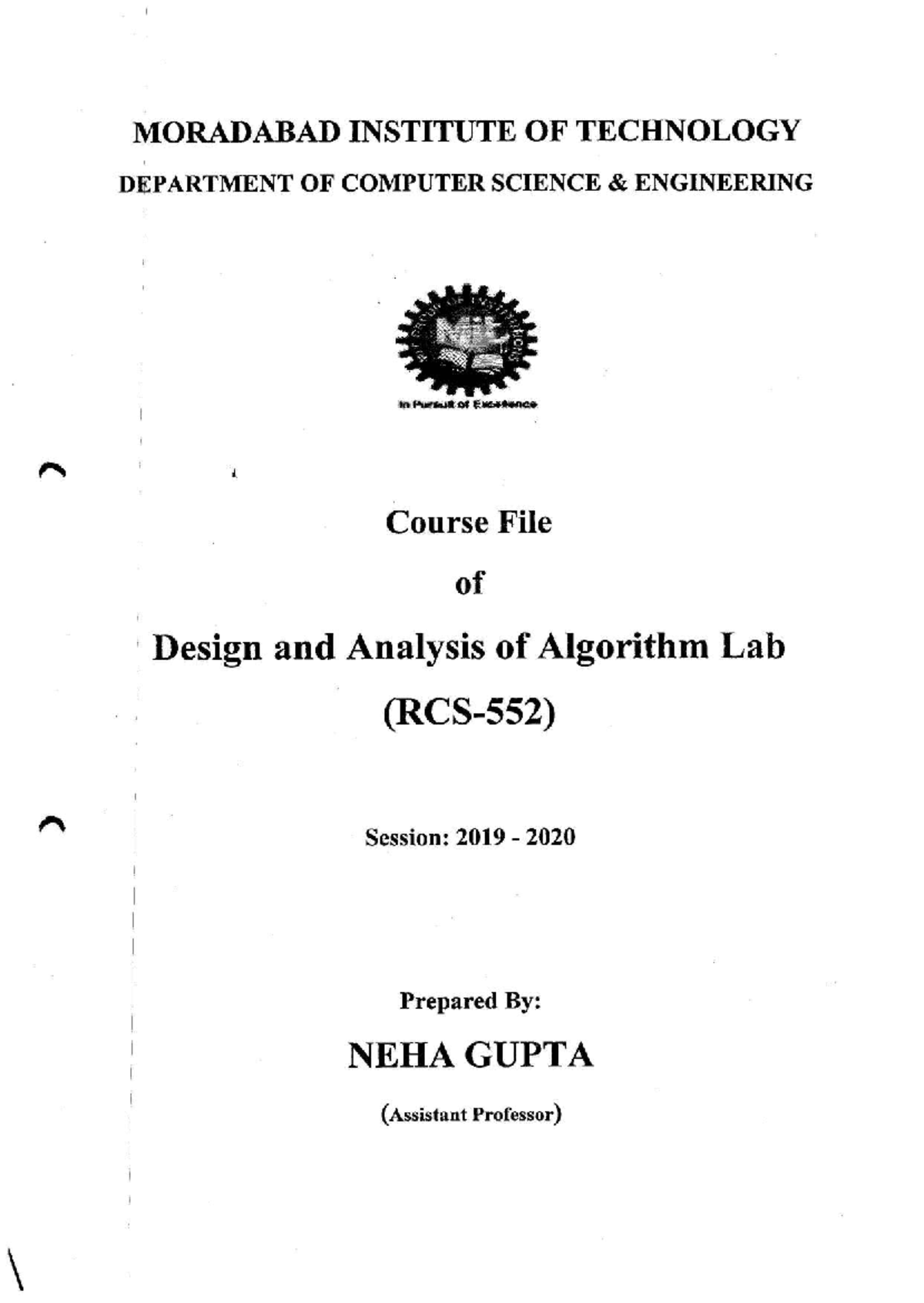 DAA Lab Course File RCS 552: 2019-20 Session Overview - Studocu