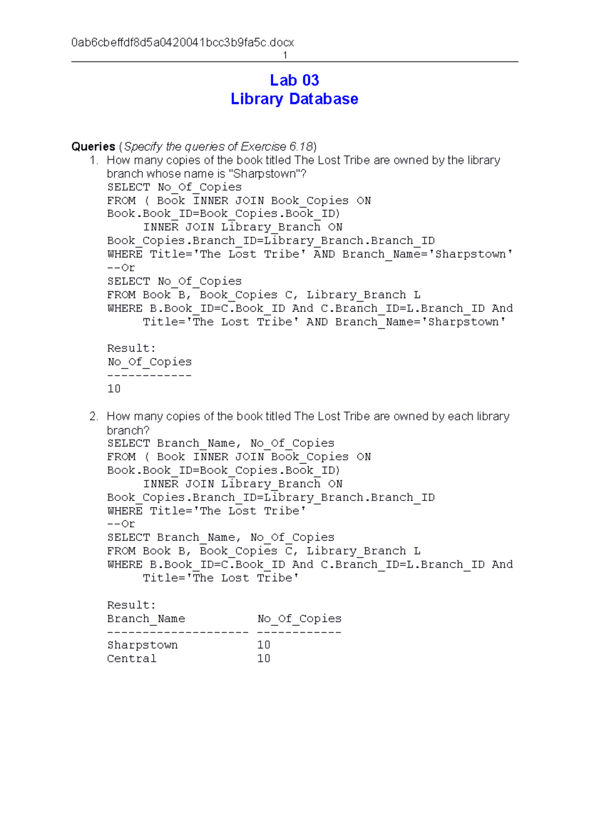 DB Lab04 Library Sol - 0ab6cbeffdf8d5a0420041bcc3b9fa5c 1 Lab 03 ...