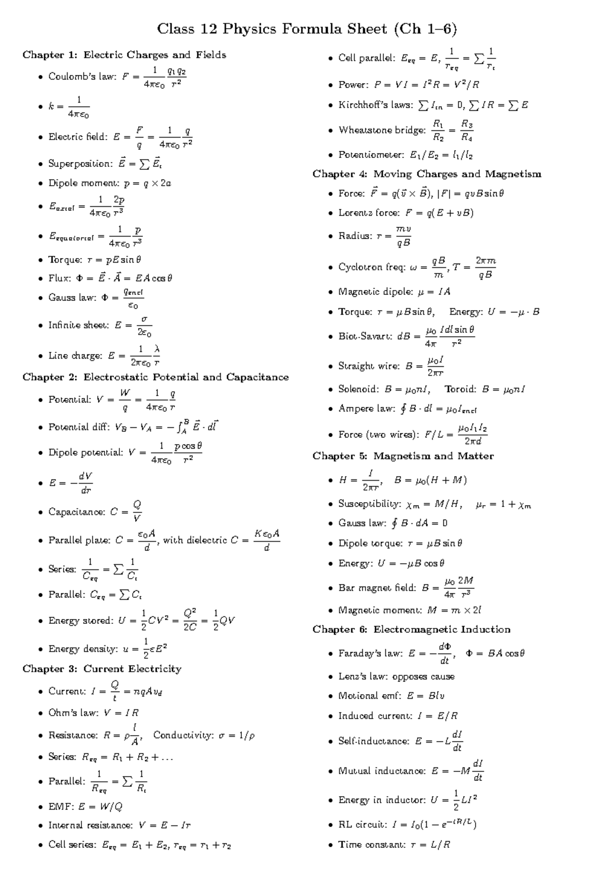 Class 12 Physics Formula Sheet: Electric Charges to Induction - Studocu
