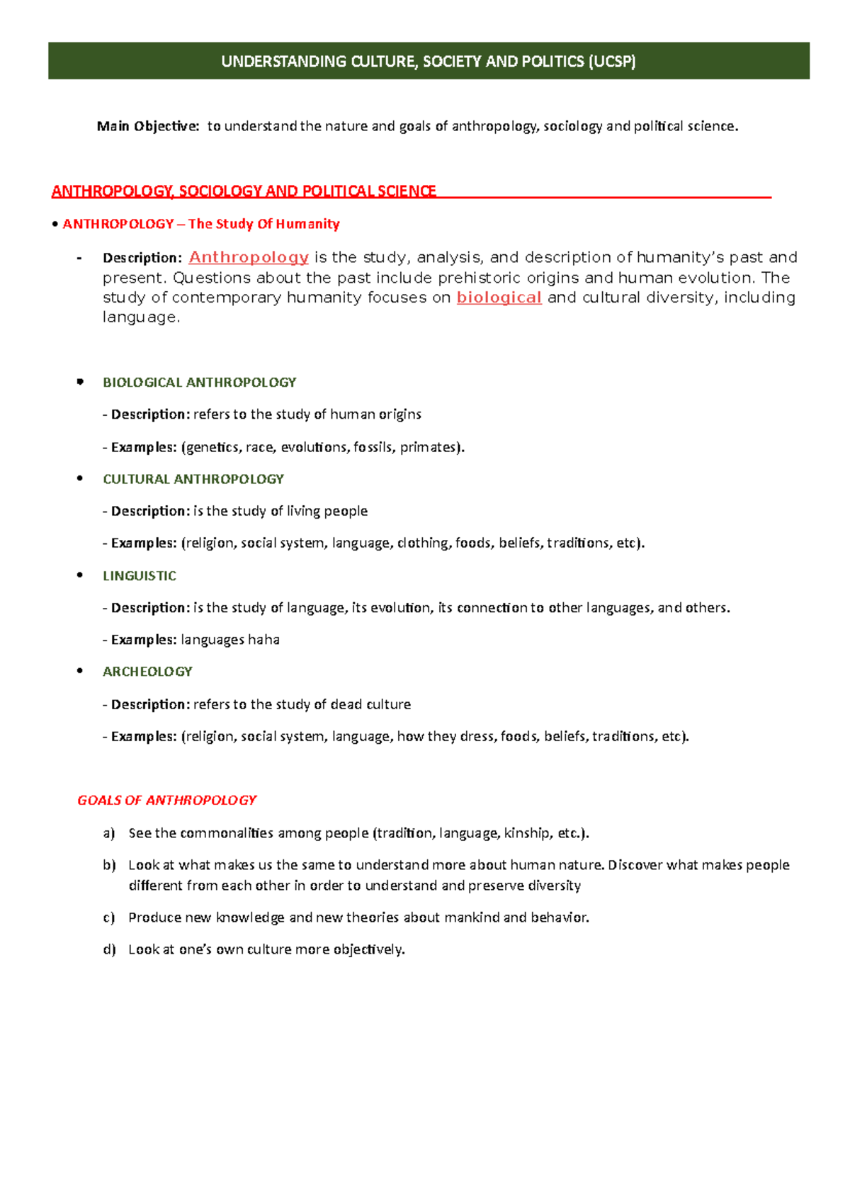 UCSP Review L1 - Nature of Anthropology, Sociology & Political Science ...
