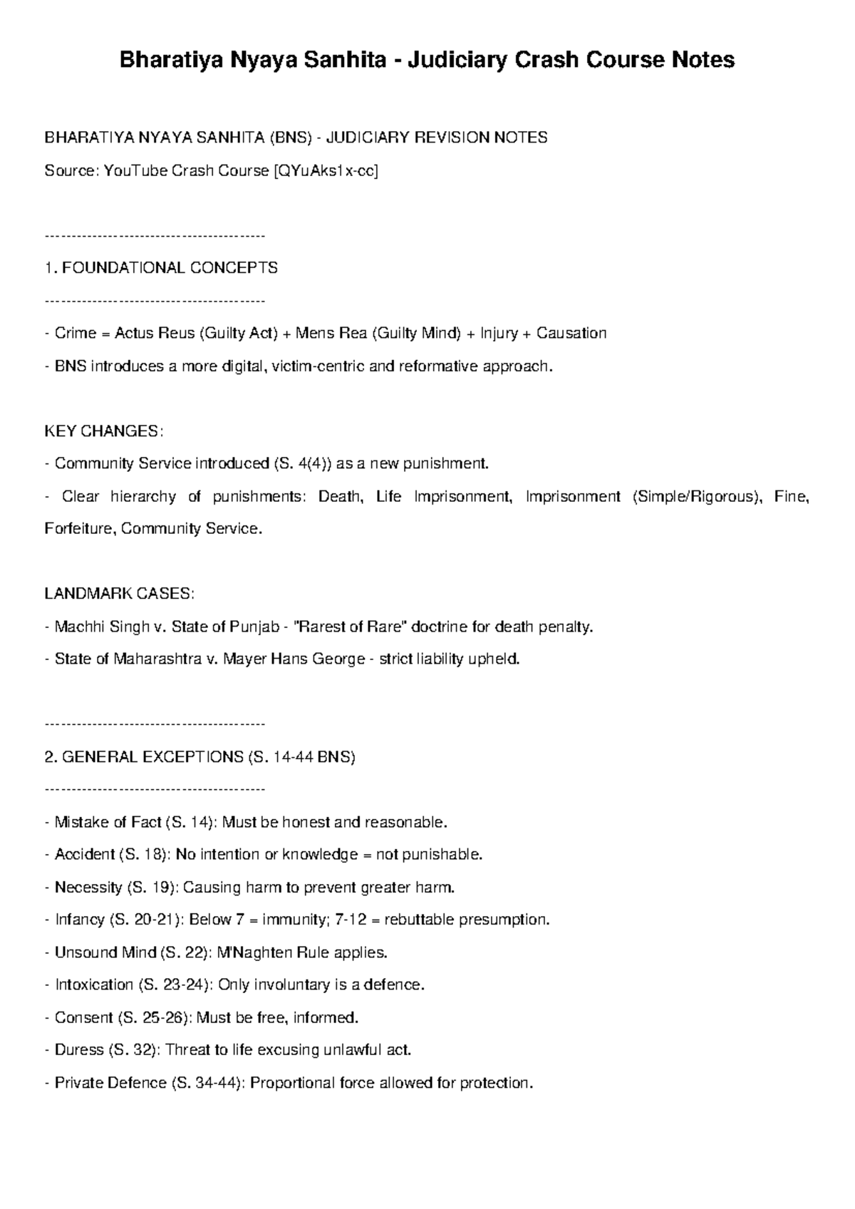 BNS Judiciary Crash Course Notes for Prelims Revision - Studocu