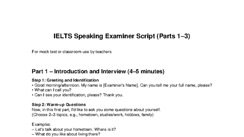 IELTS Speaking Examiner Script: Mock Test Guide for Teachers - Studocu