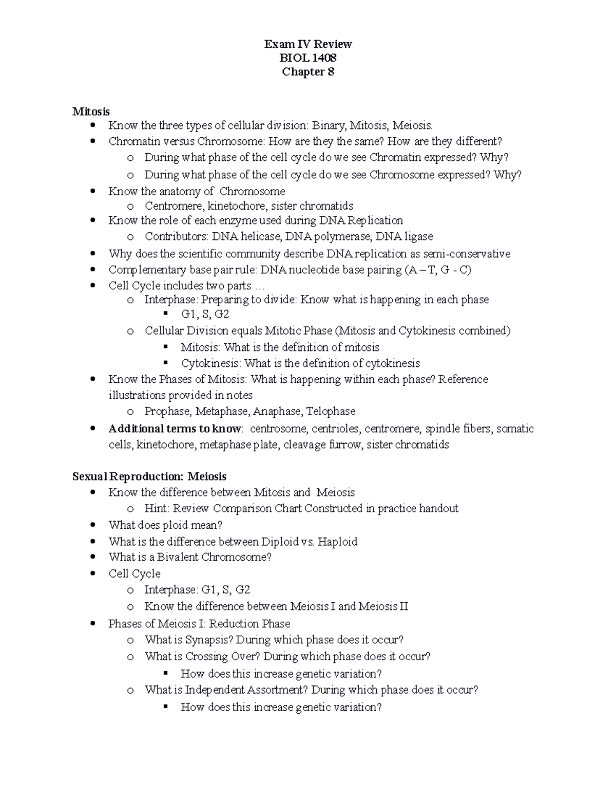 Biol 1408 Exam Iv Review Mitosis And Meiosis Concepts Explained Studocu