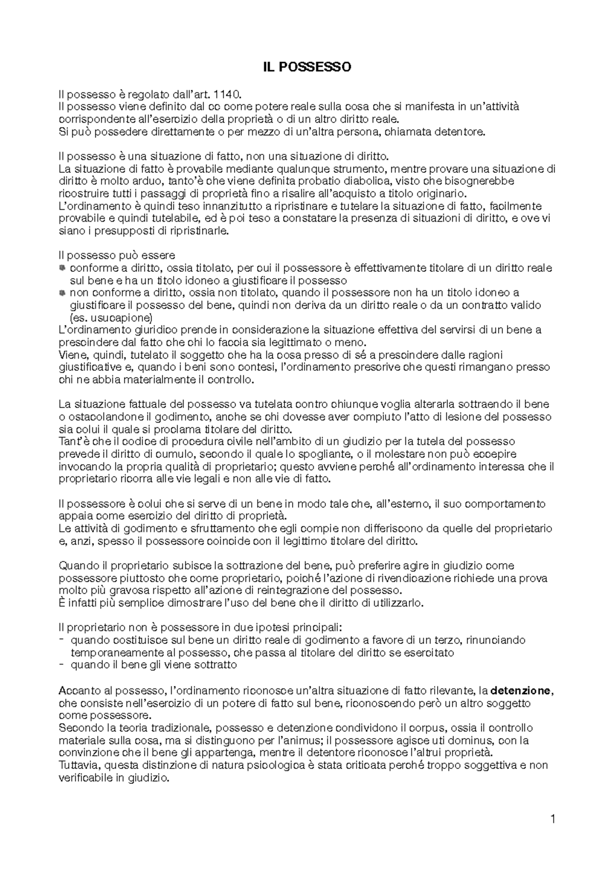 IL POSSESSO E LA PROPRIETÀ: ANALISI DEL CODICE CIVILE 1140-1165 - Studocu