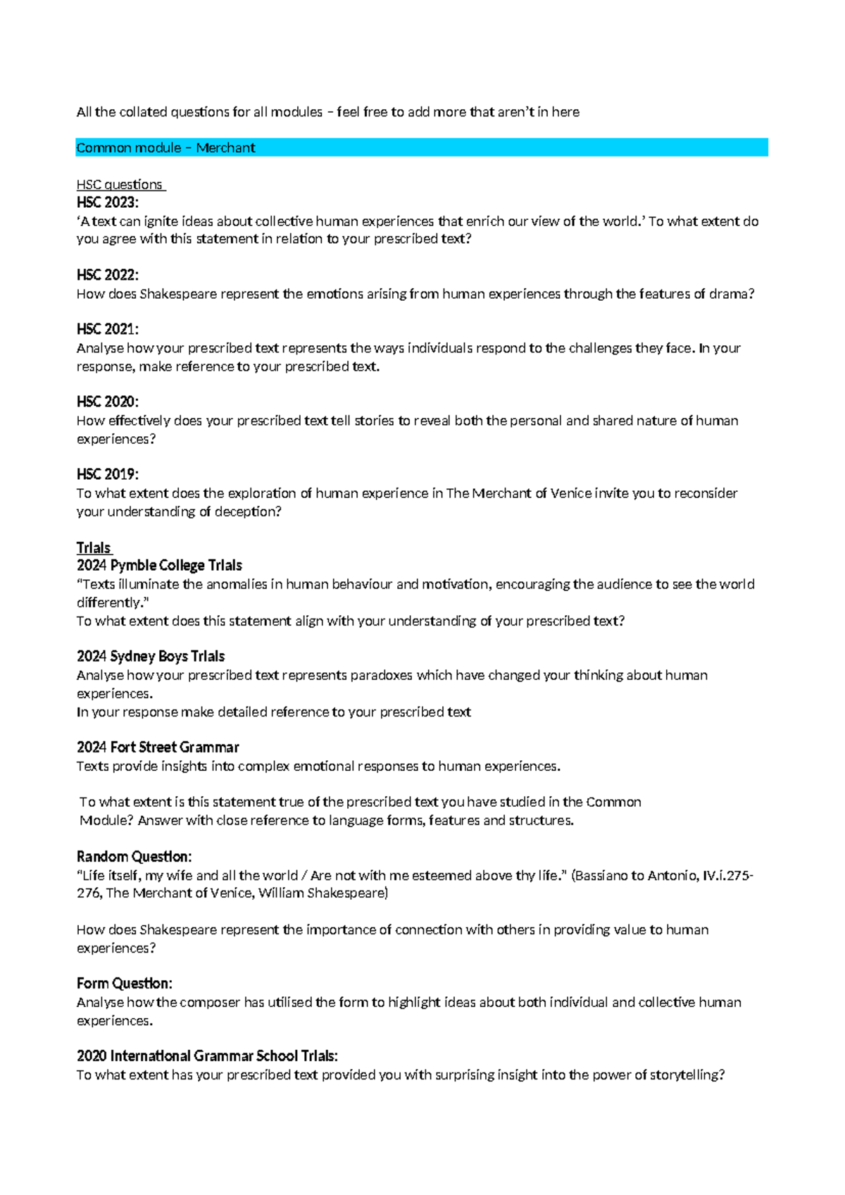 HSC Past Exam Questions for All Modules: Insights on Human Experiences ...
