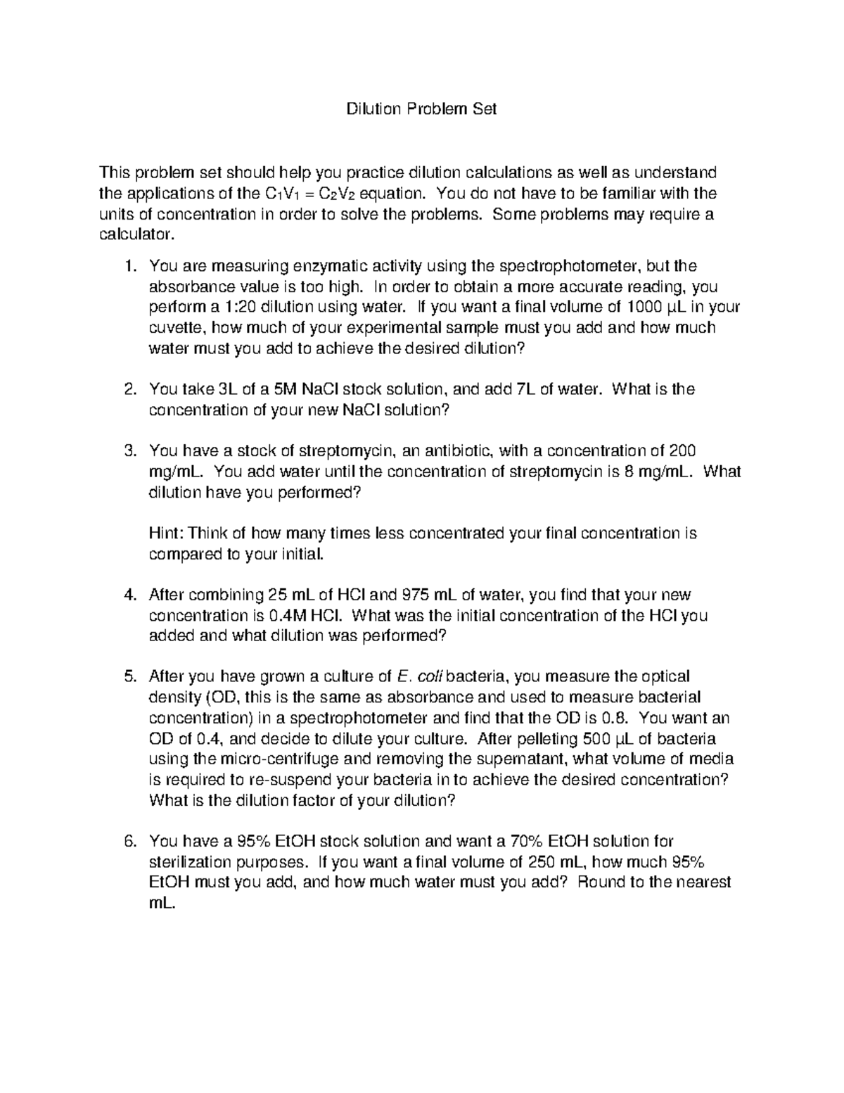 Dilution Problem Set - Practice with C1V1=C2V2 Calculations - Studocu