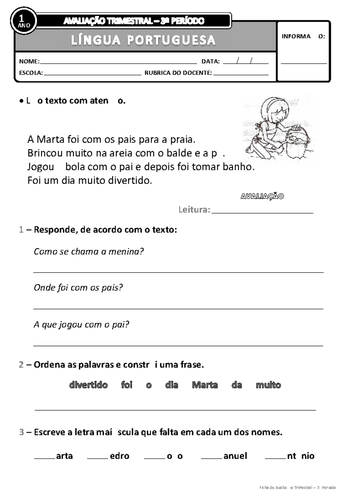 Ficha de Avaliação Trimestral 3º Período - Leitura e Atividades - Studocu