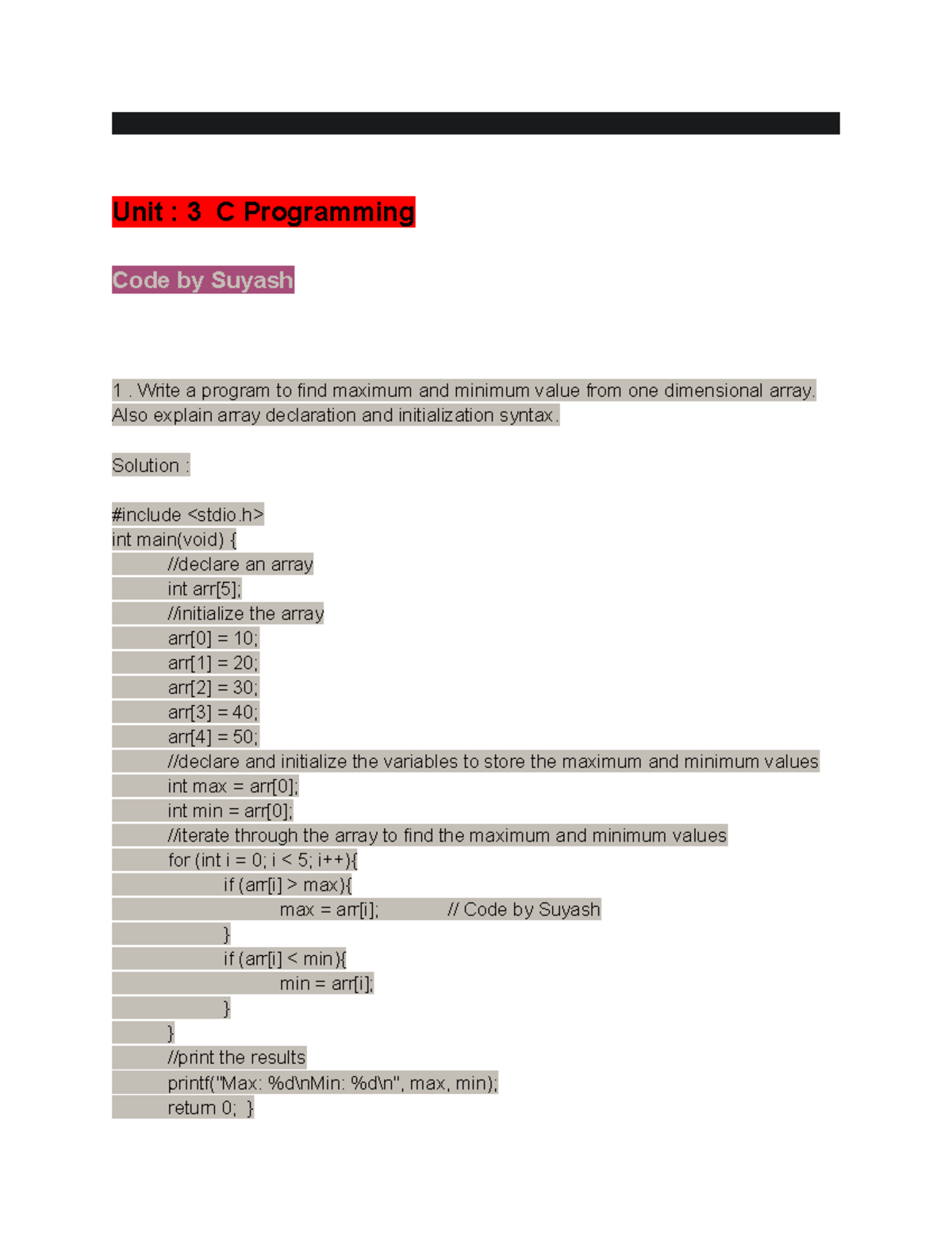 C Program Solutions for Unit 3 (Code by Suyash) - Studocu