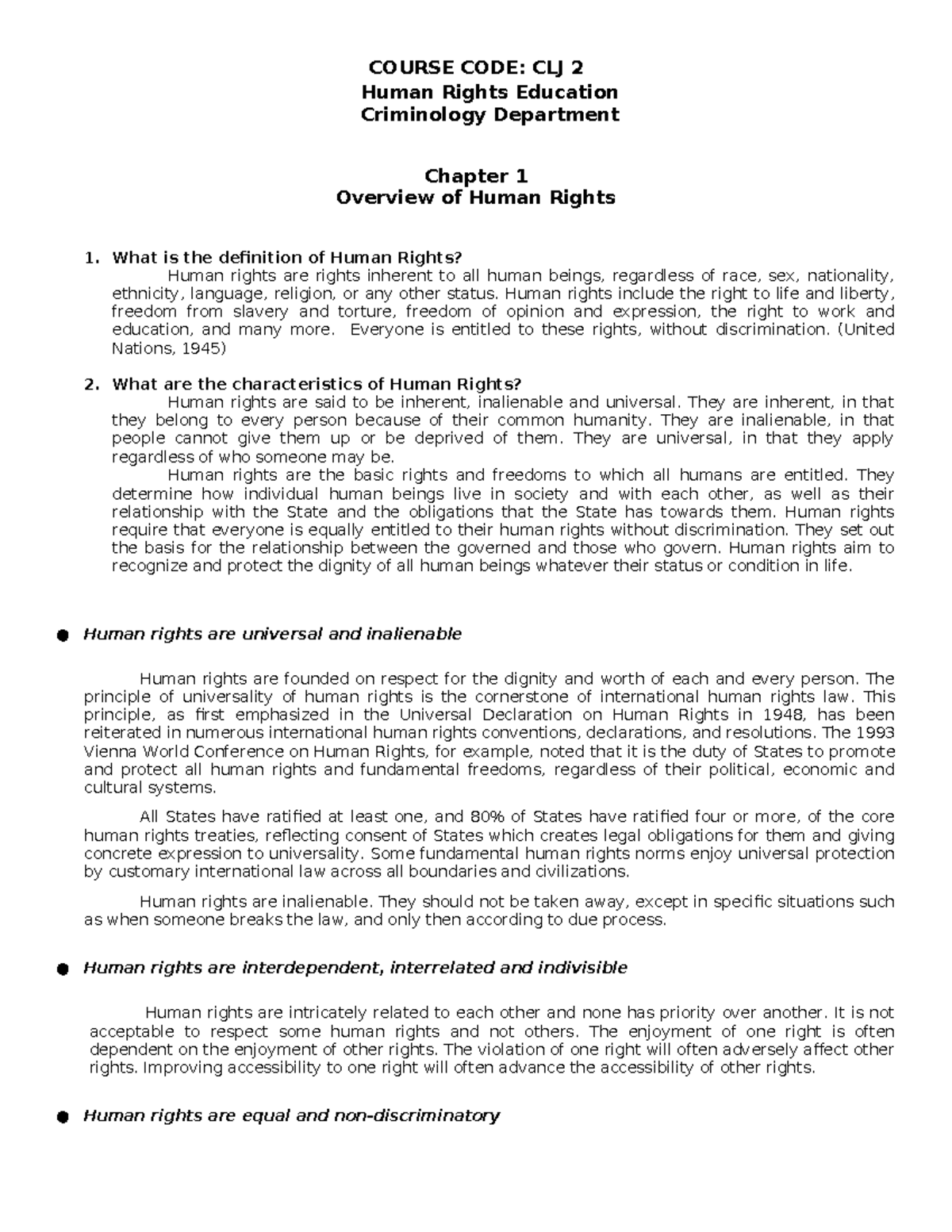 CLJ 2 Human Rights Education: Chapter 1 Overview of Human Rights - Studocu
