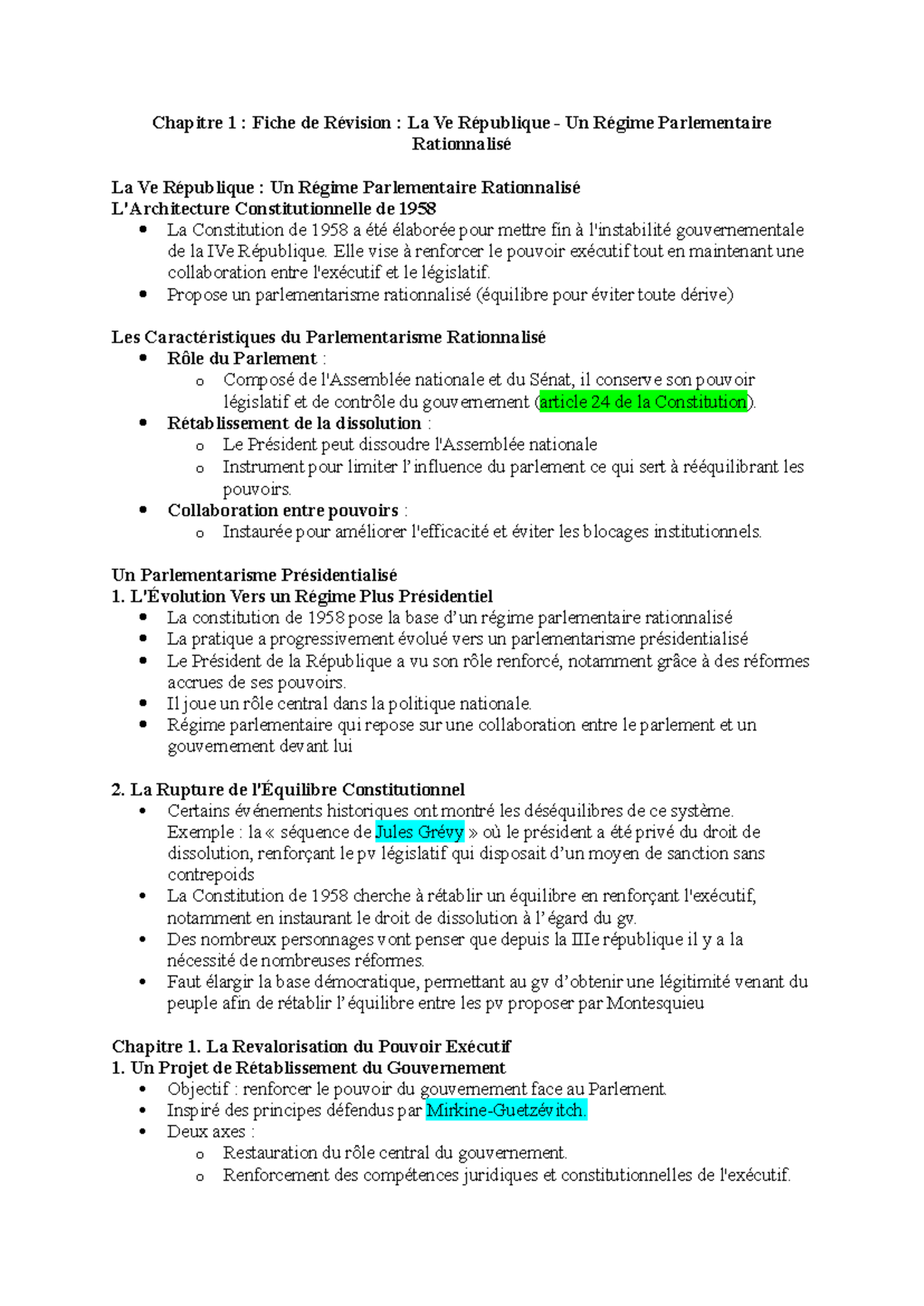 Chapitre 1 : Fiche de Révision sur le Rôle du Président sous la Ve ...