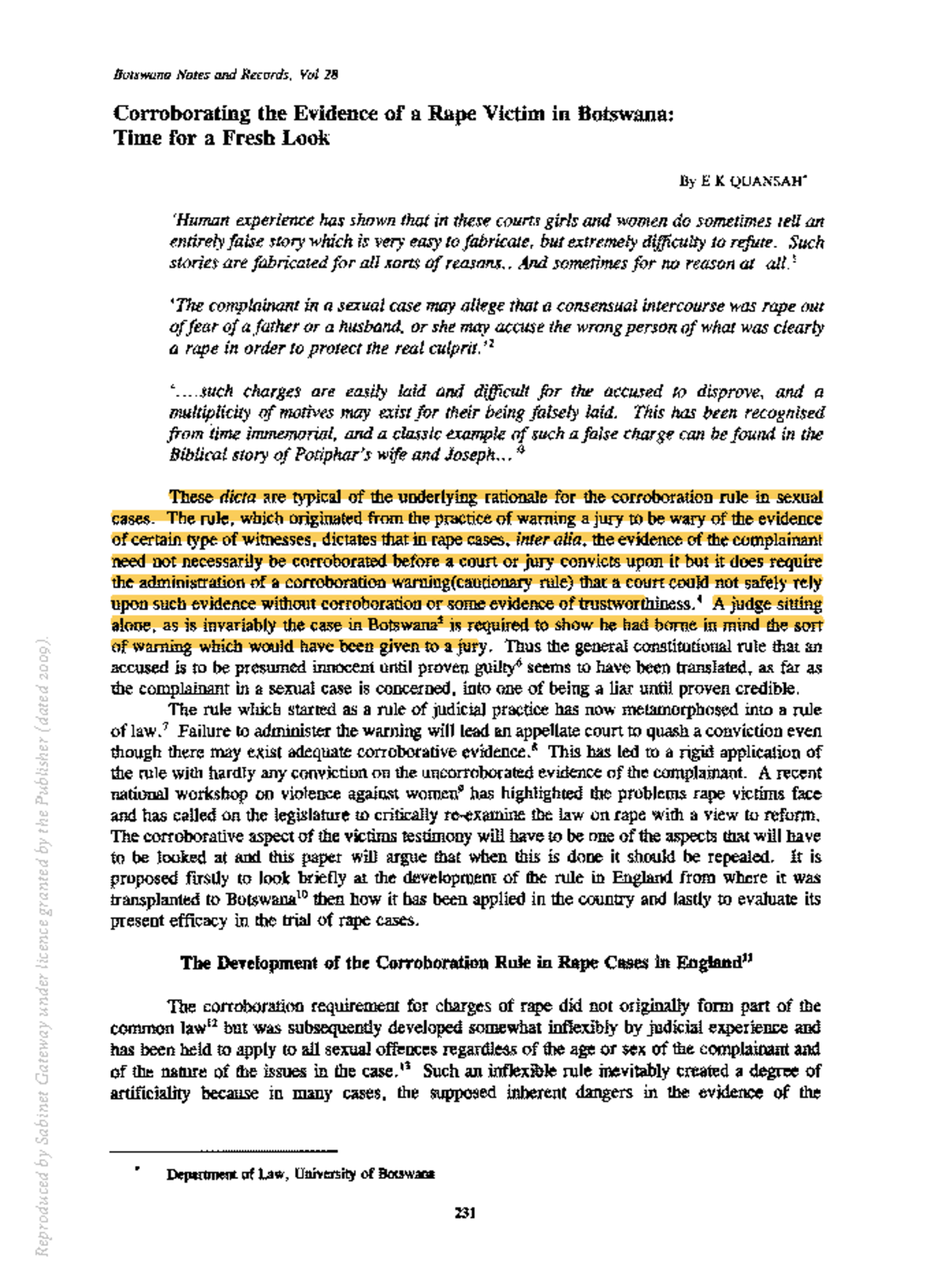 Corroborating Evidence of Rape Victims in Botswana: A Call for Reform ...