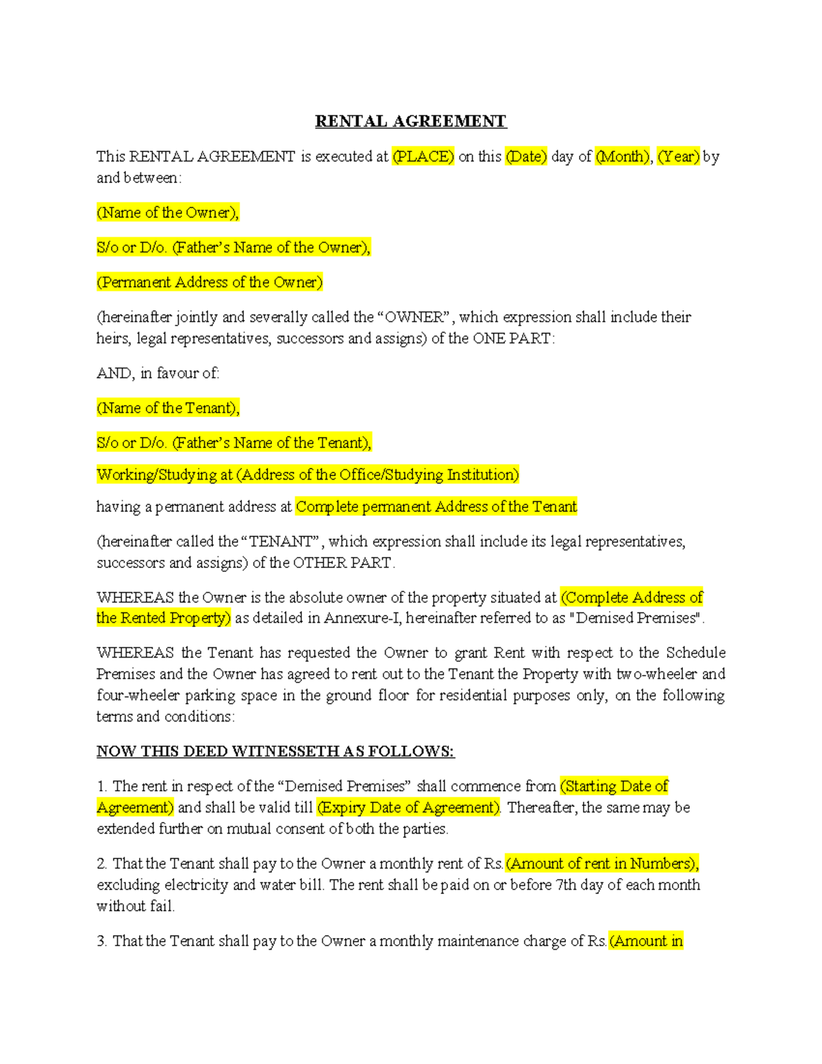 Sample Rental Agreement Template for Residential Properties - Studocu