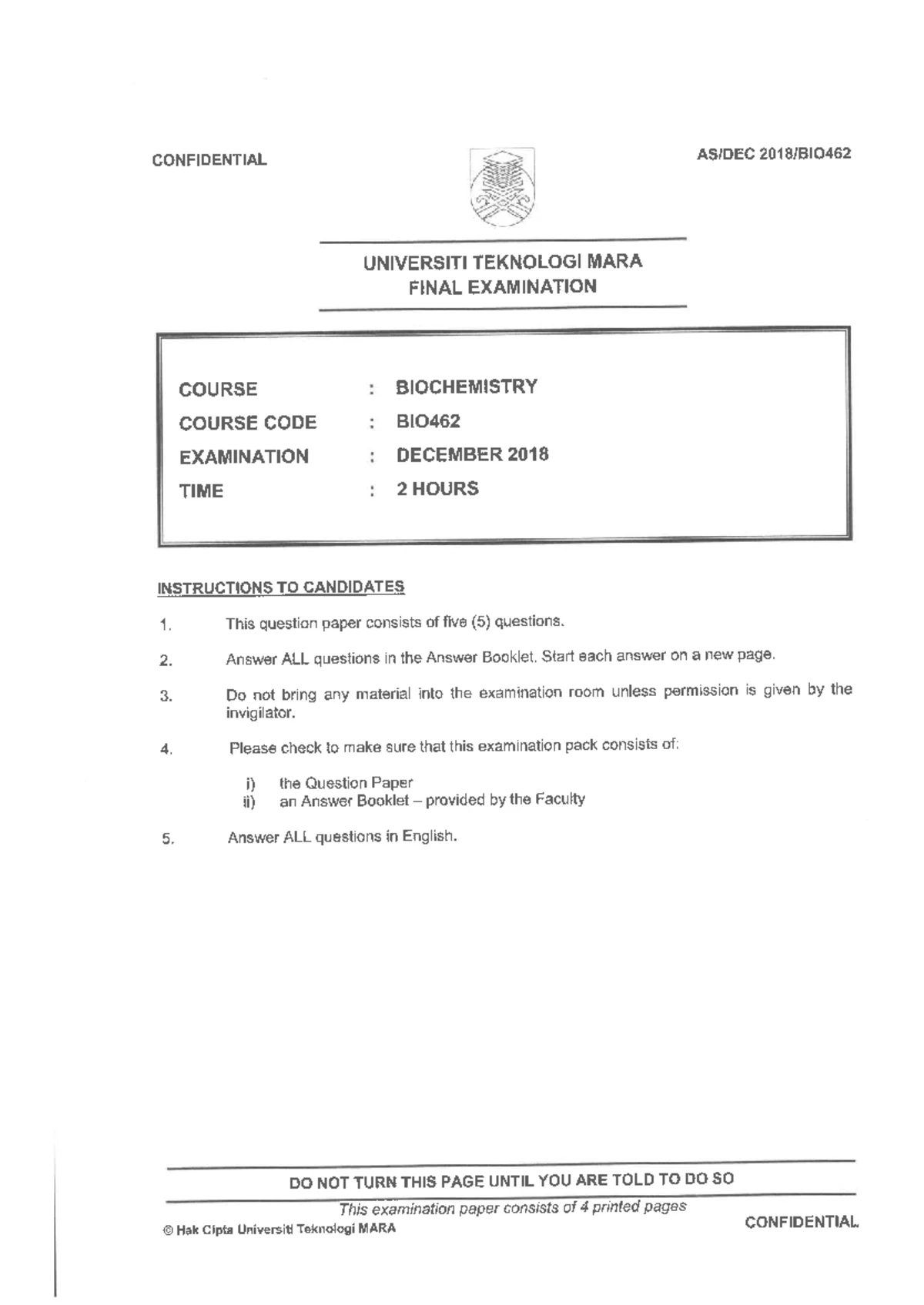 BIO462 - Final Assessment Practice for Biochemistry Exam - Studocu