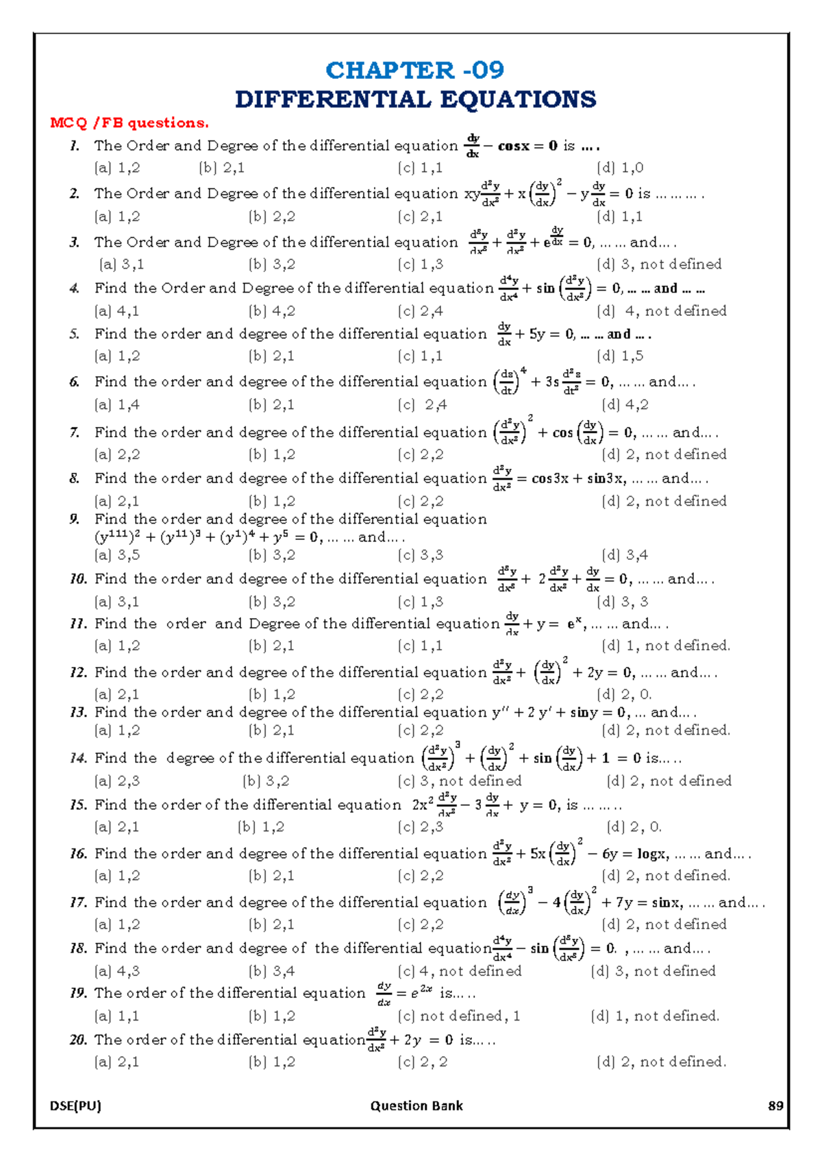 Differential Equations MCQ Questions - DSE(PU) Question Bank - Studocu